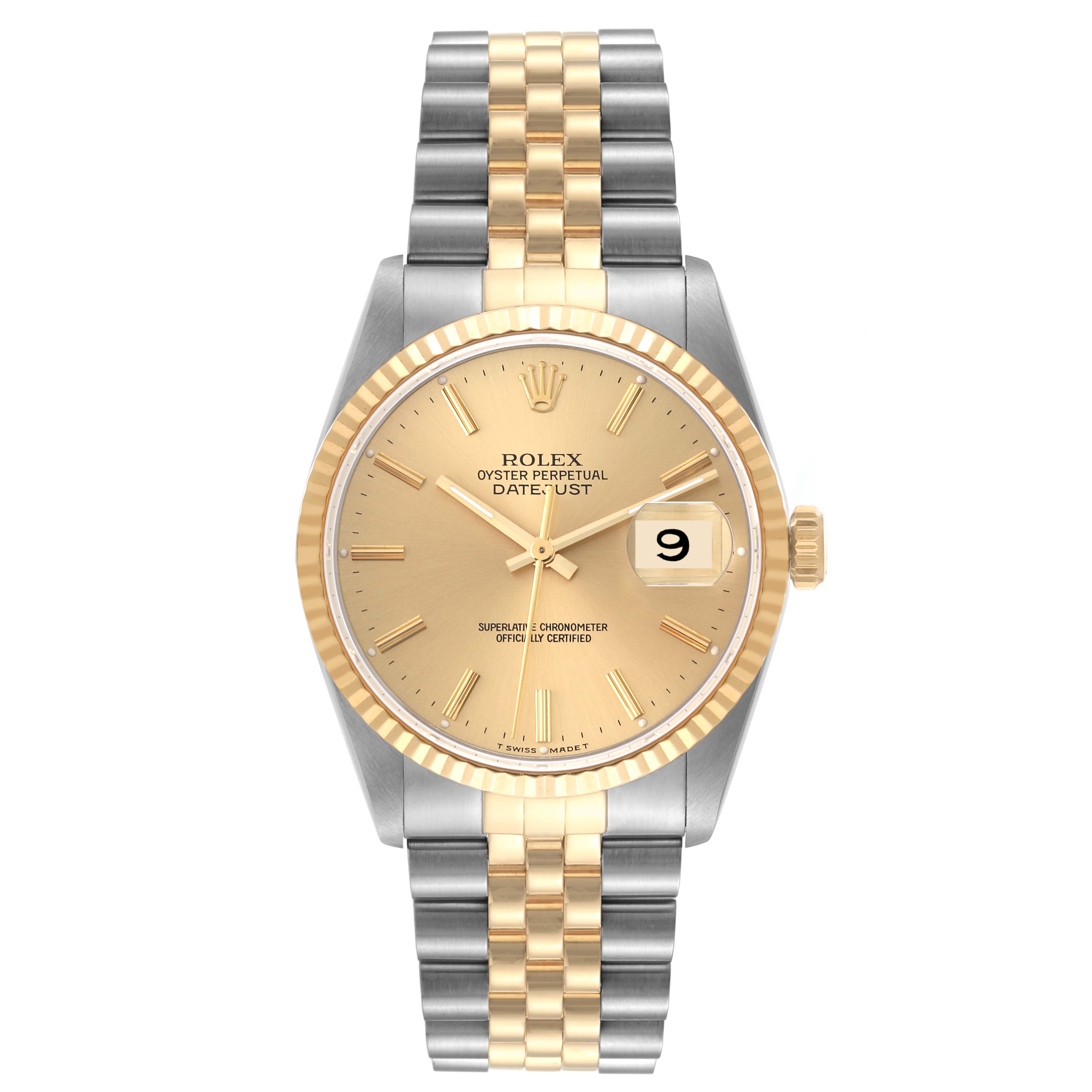 This Rolex Datejust 16233 Men's Steel and Gold (two tone) Champagne Dial 16233 Men's Steel and Gold (two tone) Champagne Dial model is shown from a front view, displaying the dial, bezel, and two-tone Jubilee bracelet.