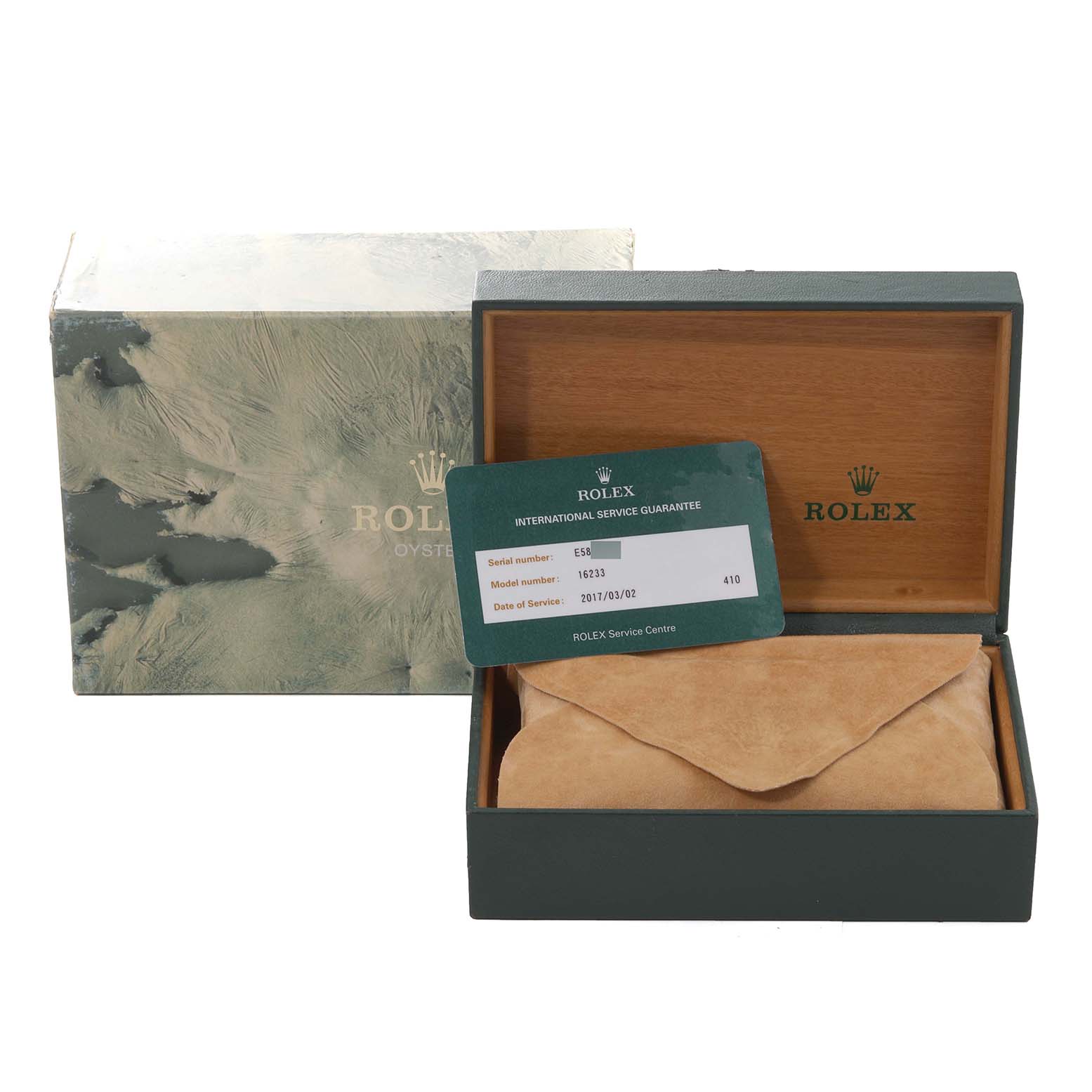 The image shows a Rolex Datejust 16233 Men's Steel and Gold (two tone) Champagne Dial 16233 Men's Steel and Gold (two tone) Champagne Dial watch box with an international service guarantee card and a suede pouch, viewed from the front.