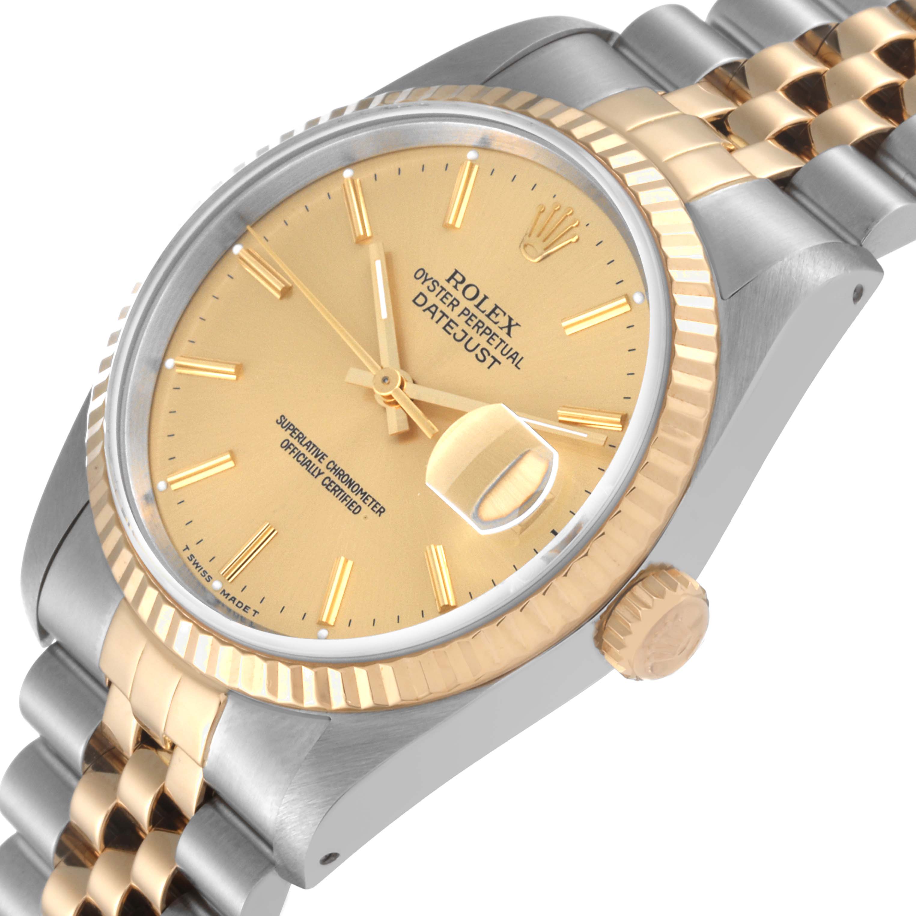 The image shows a close-up, angled view of a Rolex Datejust 16233 Men's Steel and Gold (two tone) Champagne Dial 16233 Men's Steel and Gold (two tone) Champagne Dial, highlighting the dial, bezel, crown, and two-tone bracelet.