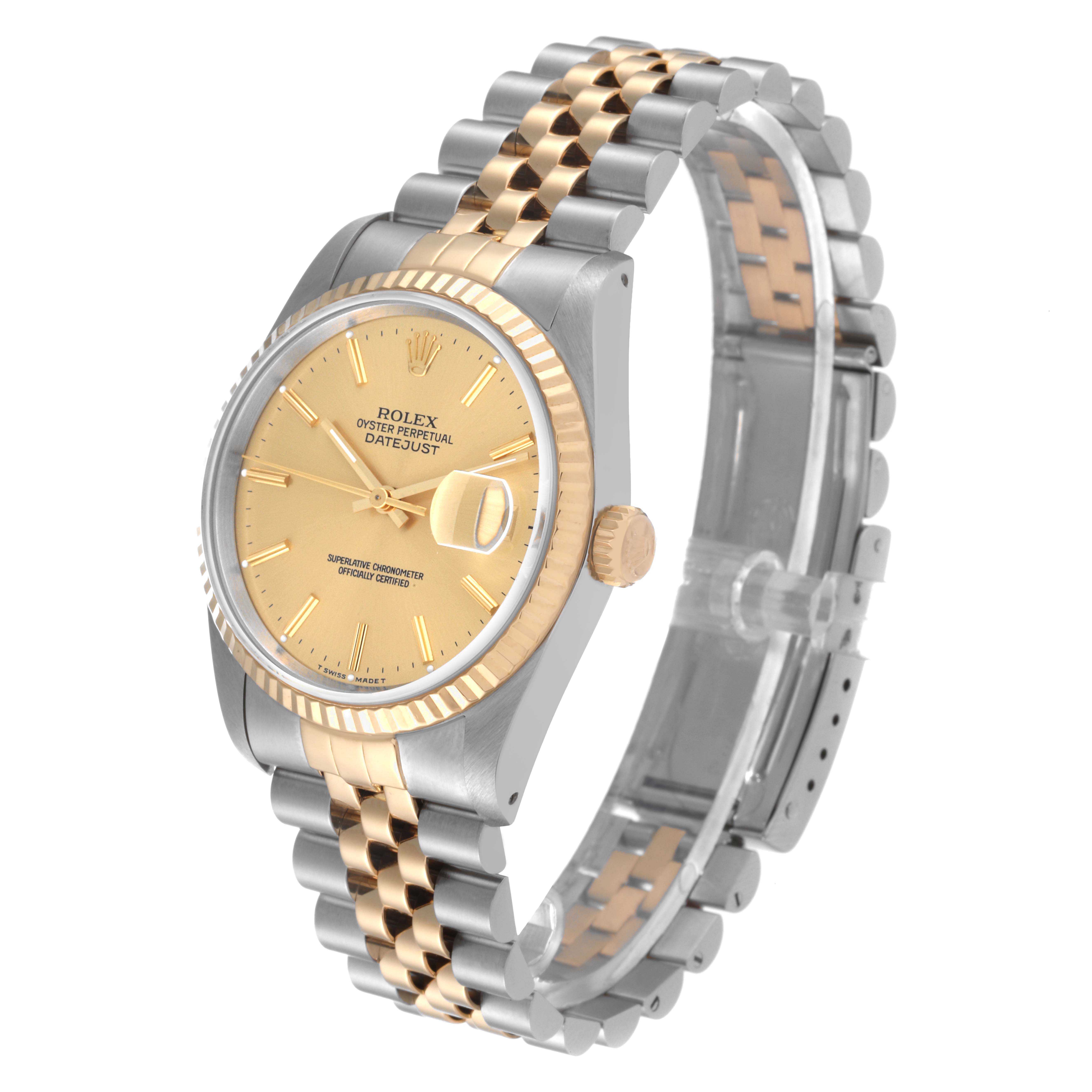 The image shows a side and slightly angled view of the Rolex Datejust 16233 Men's Steel and Gold (two tone) Champagne Dial 16233 Men's Steel and Gold (two tone) Champagne Dial watch, featuring its dial, bezel, and jubilee bracelet.