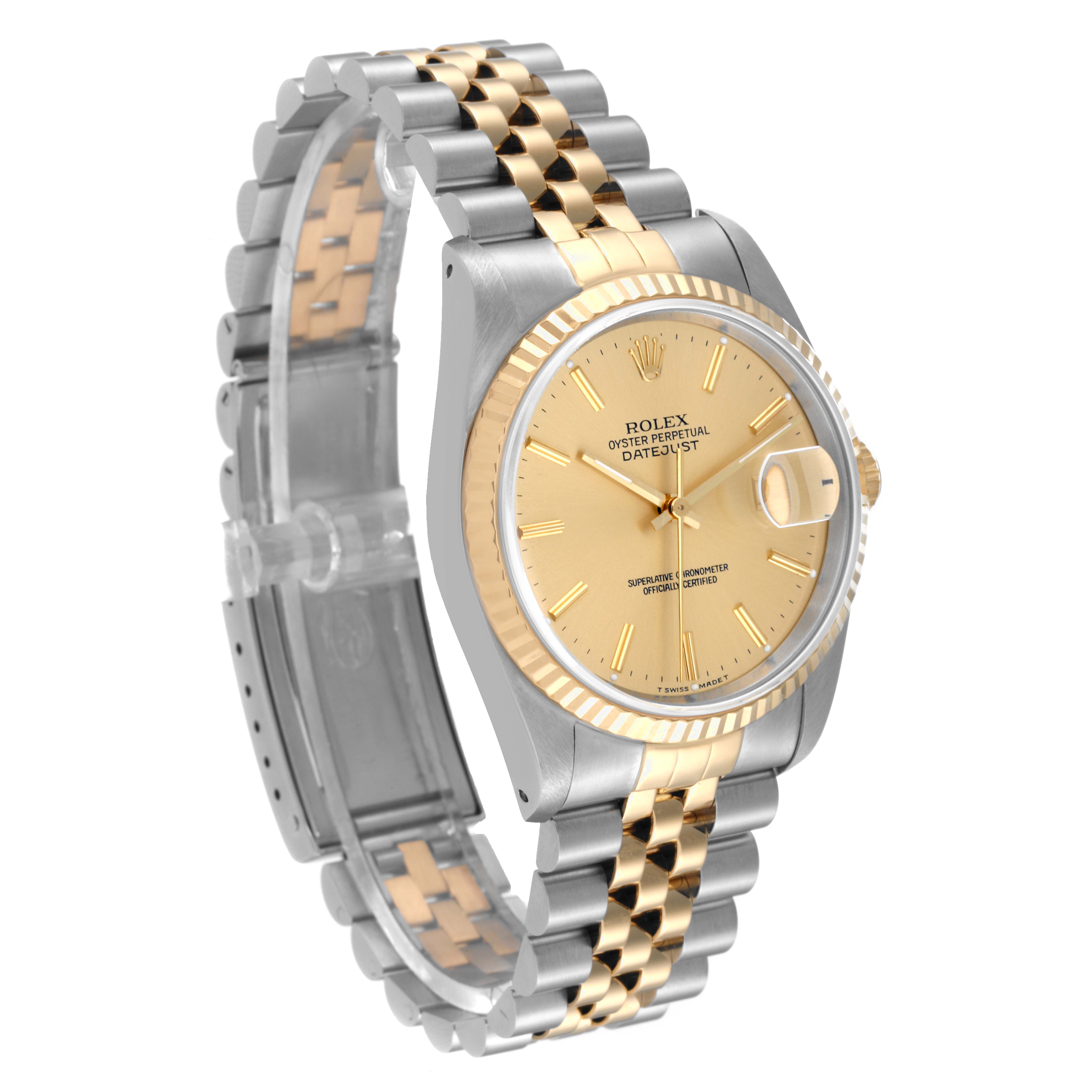 The Rolex Datejust 16233 Men's Steel and Gold (two tone) Champagne Dial 16233 Men's Steel and Gold (two tone) Champagne Dial watch is shown at an angle displaying the face, bezel, crown, and two-tone jubilee bracelet.