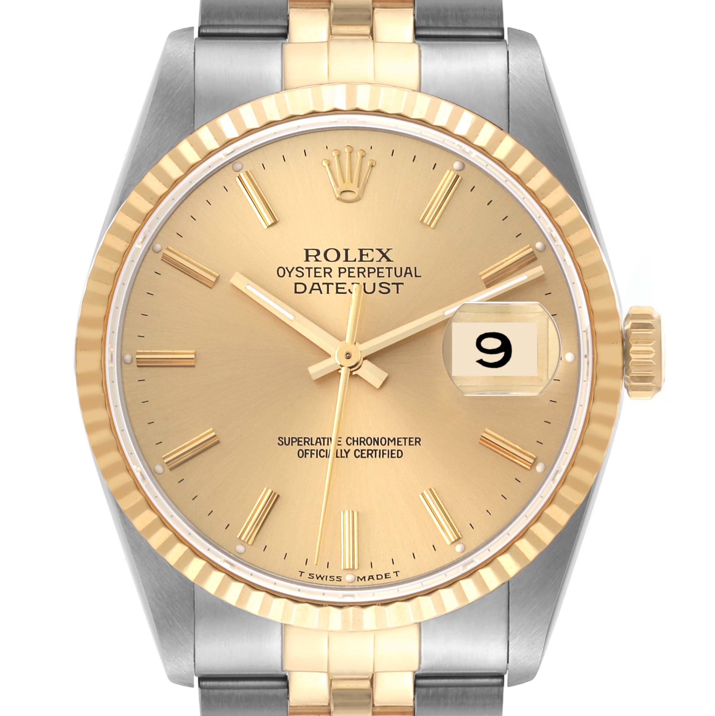 The image shows a close-up, front view of a Rolex Datejust 16233 Men's Steel and Gold (two tone) Champagne Dial 16233 Men's Steel and Gold (two tone) Champagne Dial watch, highlighting the dial, hands, date window, and part of the bracelet.