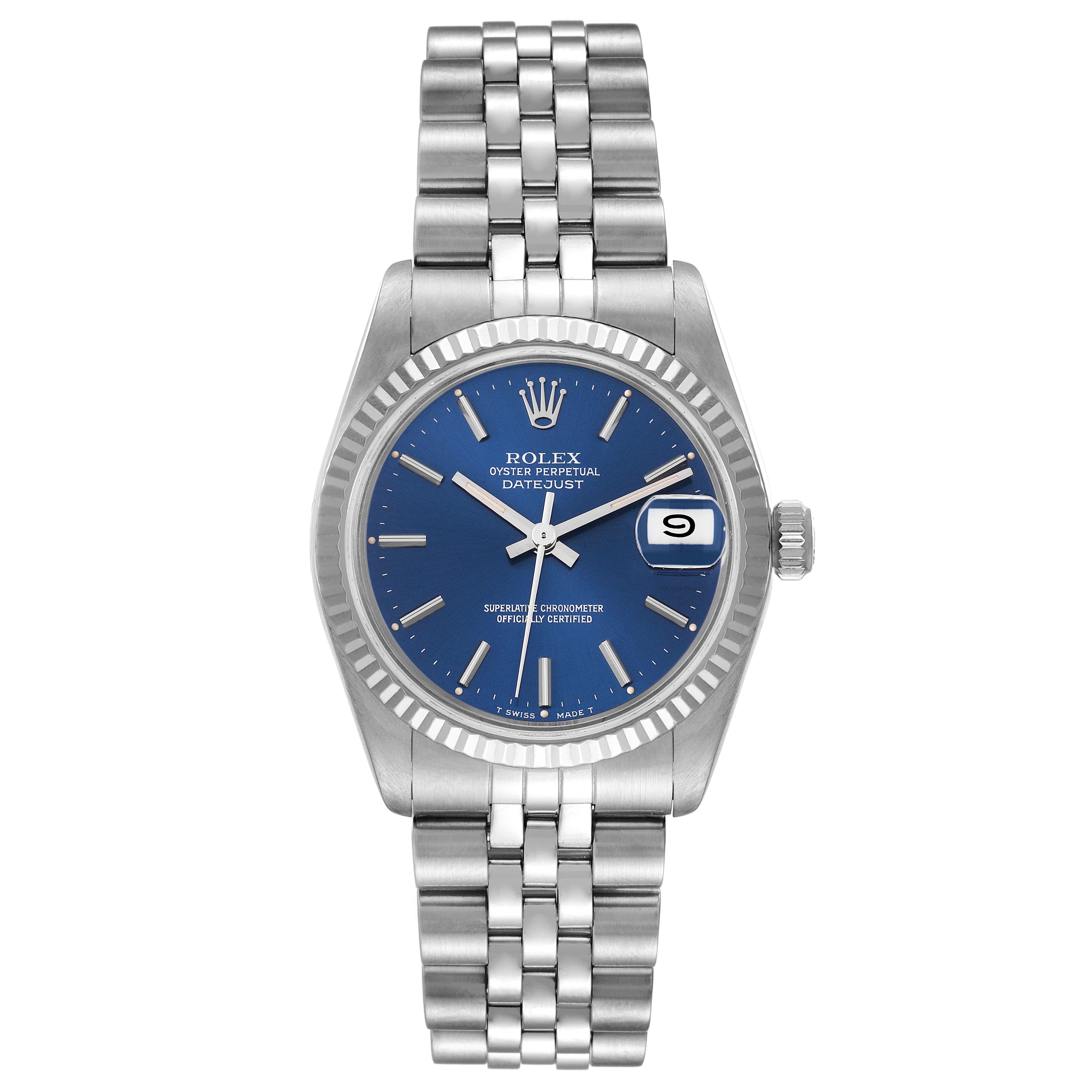 This is a front view of a Rolex Oyster Perpetual Datejust Mid-Size watch showing the dial, hands, bezel, and bracelet.