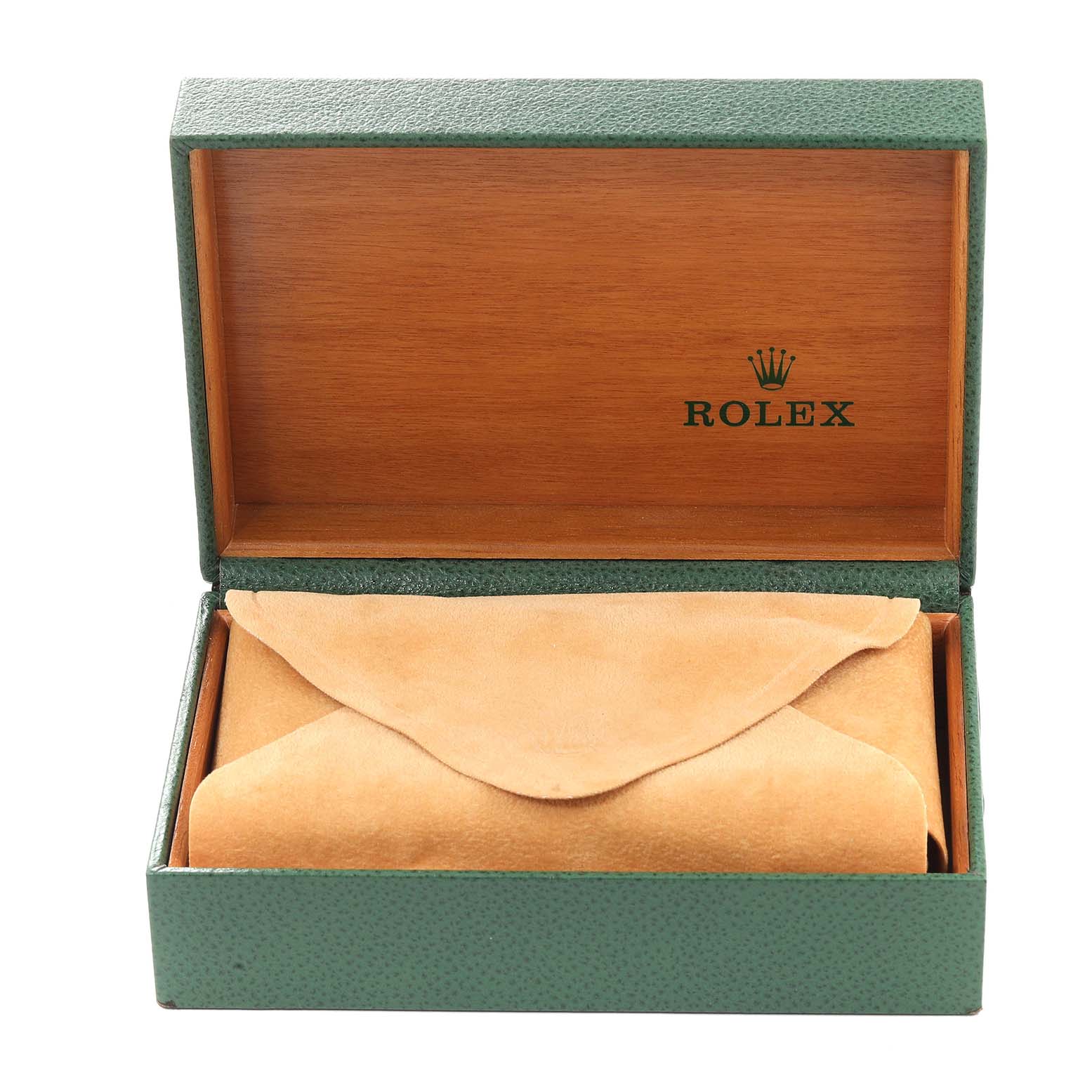 The image shows an open Rolex watch box with a tan suede pouch inside, viewed from the front.