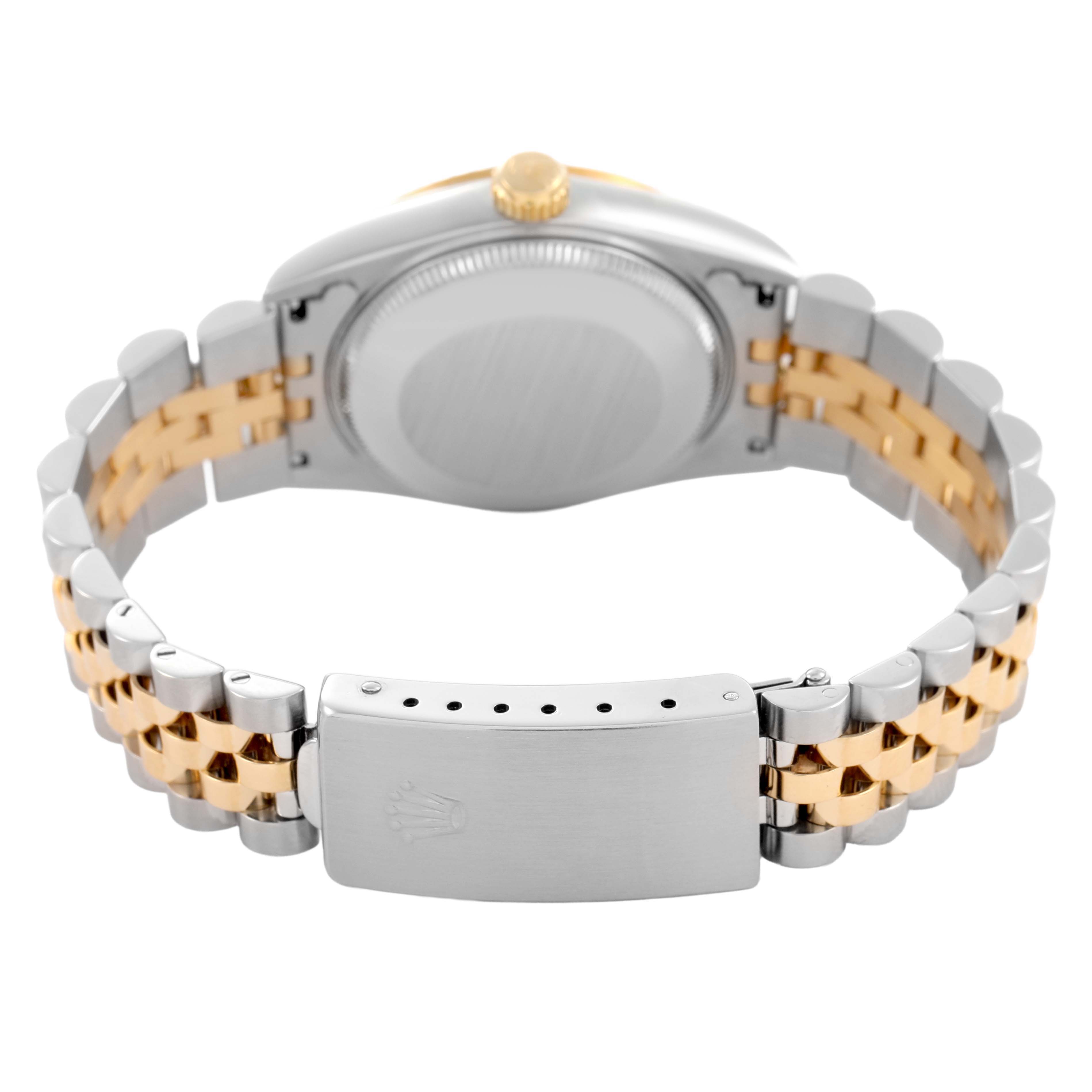 The image shows the back of a Rolex Mid-Size 68273 Women's Steel and Gold (two tone) Champagne Dial watch, highlighting the clasp, bracelet, and backside of the case.