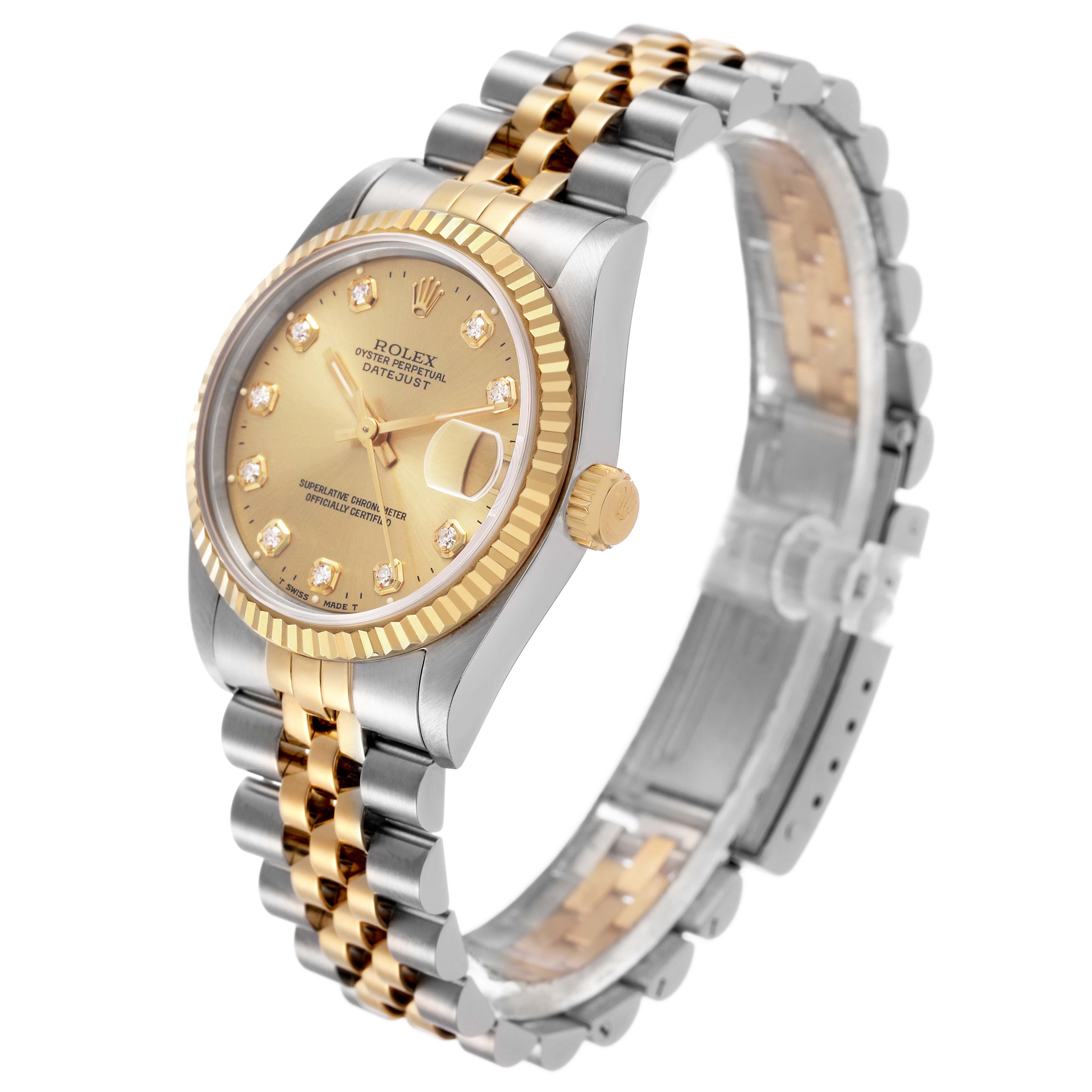 The Rolex Mid-Size 68273 Women's Steel and Gold (two tone) Champagne Dial watch is shown at an angle highlighting the dial, bezel, crown, and two-tone Jubilee bracelet.