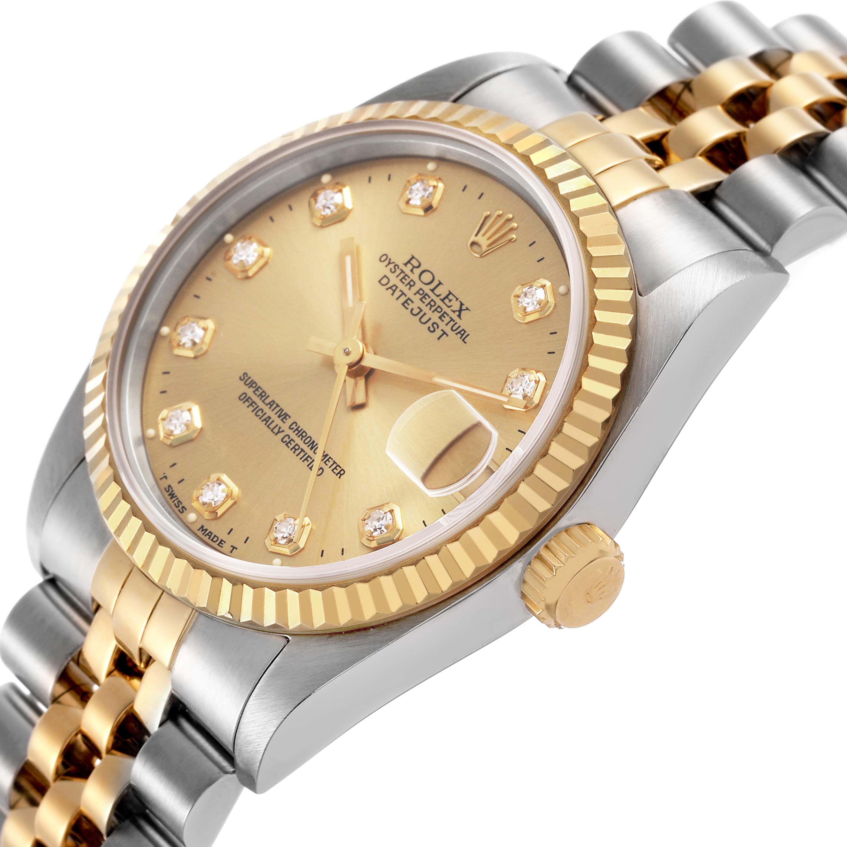 The image shows a Rolex Mid-Size 68273 Women's Steel and Gold (two tone) Champagne Dial Datejust watch at an angled view, highlighting the gold bezel, crown, and two-tone bracelet.