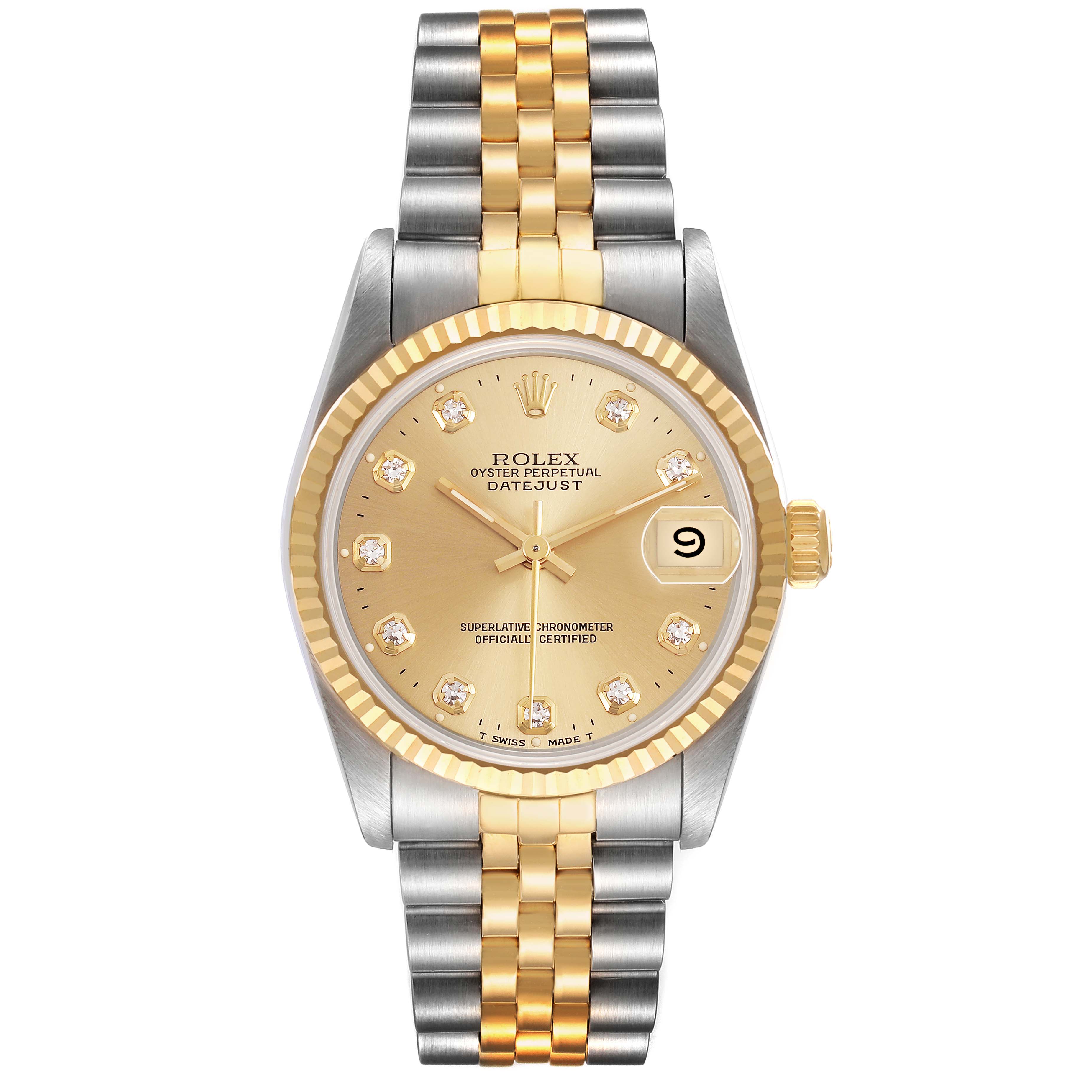 The Rolex Mid-Size 68273 Women's Steel and Gold (two tone) Champagne Dial Datejust watch is shown from a top-down angle, featuring a two-tone bracelet, fluted bezel, and gold dial with a date display.