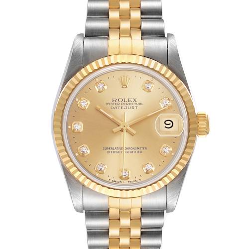 The Rolex Mid-Size 68273 Women's Steel and Gold (two tone) Champagne Dial Datejust watch is shown from the front, highlighting its gold dial, date window, and two-tone bracelet.