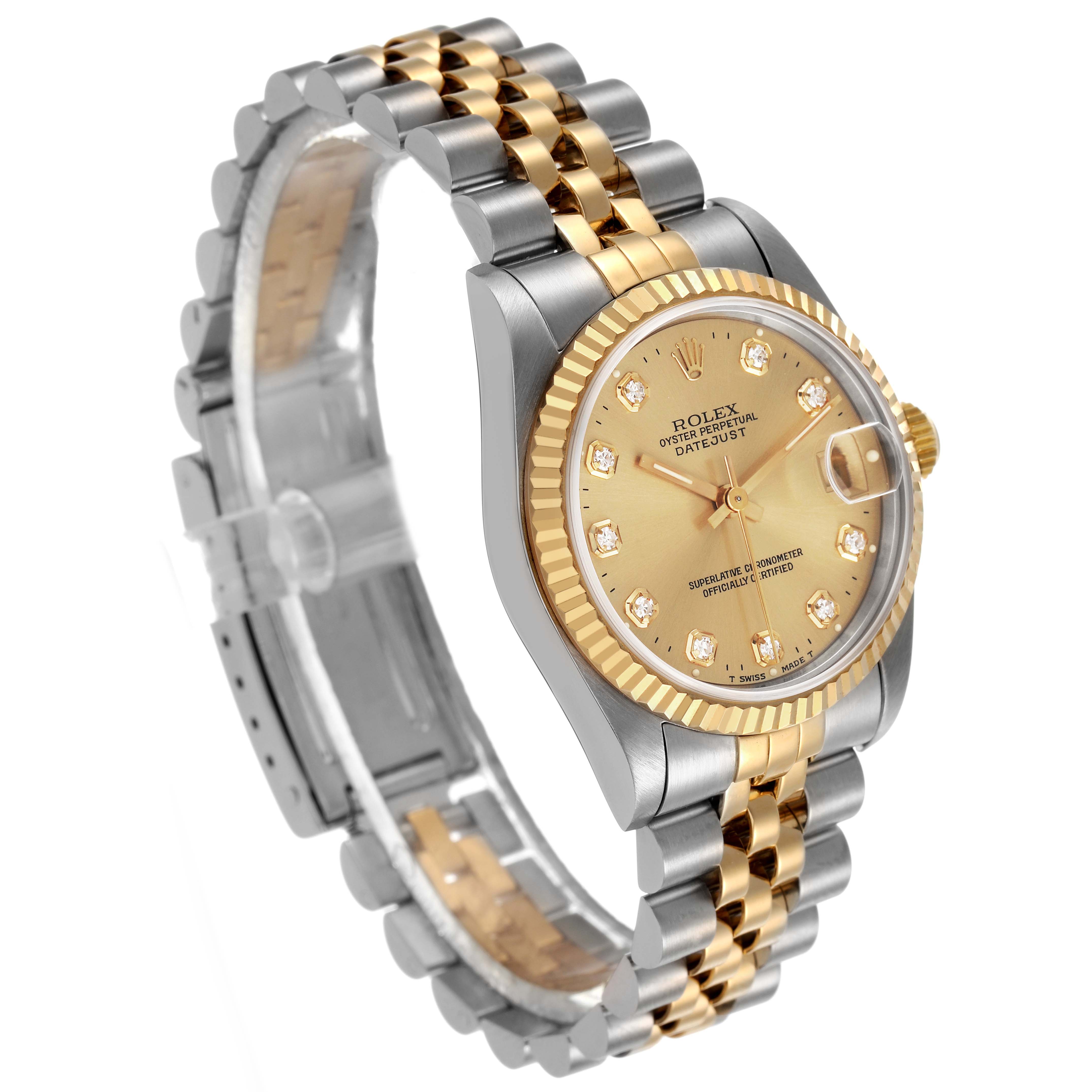 The Rolex Datejust Mid-Size watch is angled to show its gold and silver bracelet, diamond markers, and fluted bezel.