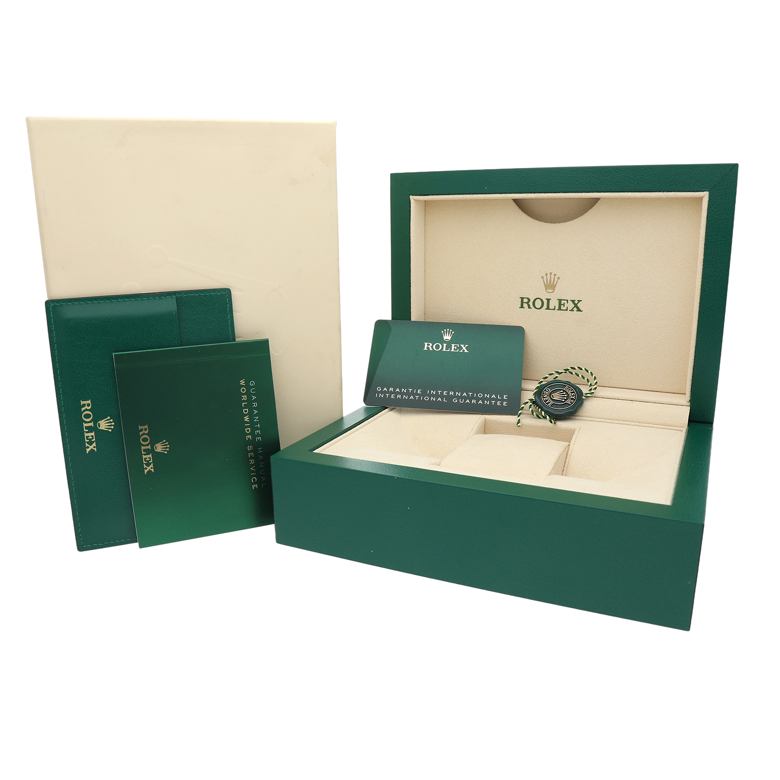 The image shows a Rolex Mid-Size 278273 Women's Steel and Gold (two tone) Silver Dial model packaging with green certificate holders, warranty card, and a box from an angled view.