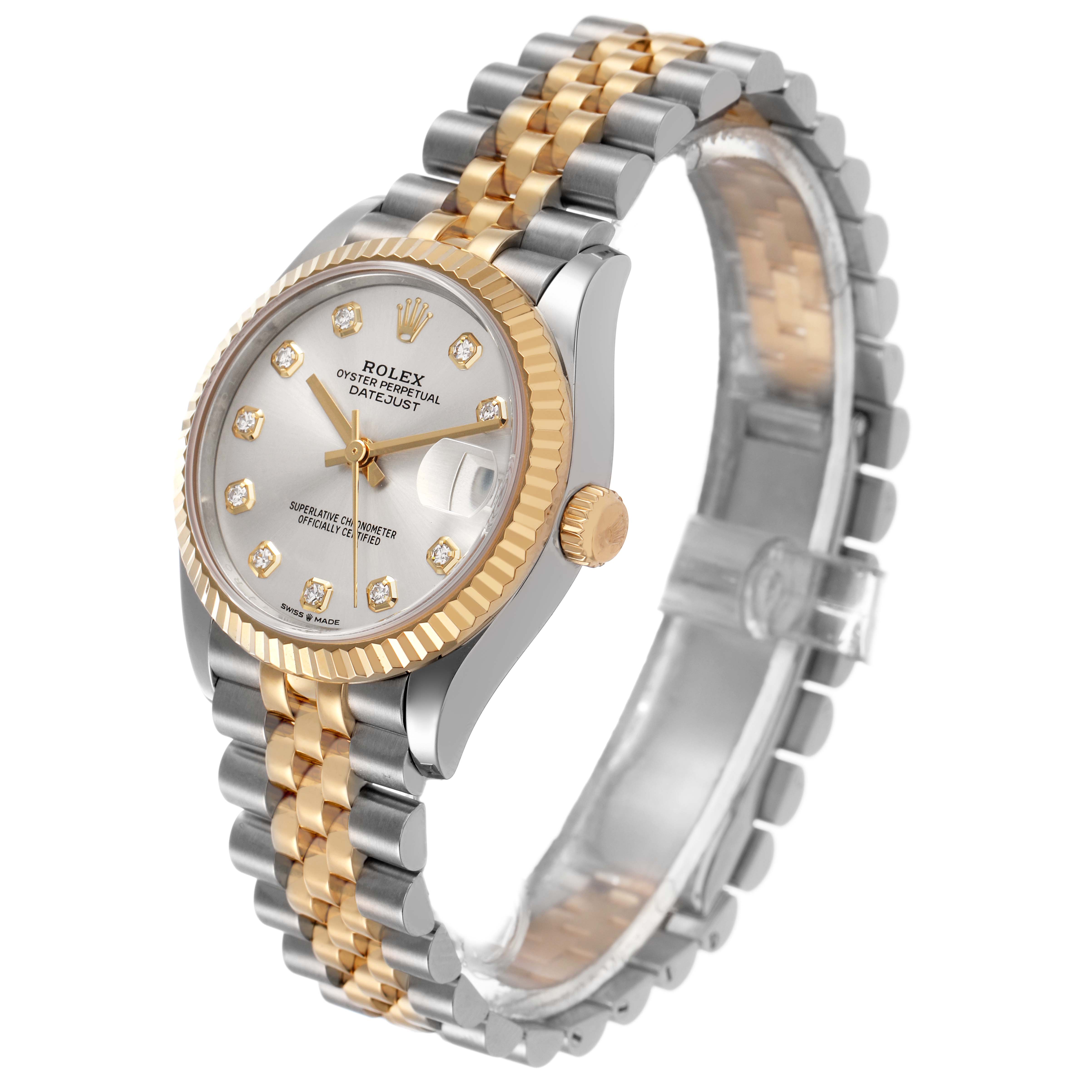 The Rolex Mid-Size 278273 Women's Steel and Gold (two tone) Silver Dial watch is shown at a three-quarter angle, displaying the dial, bezel, and two-tone bracelet.