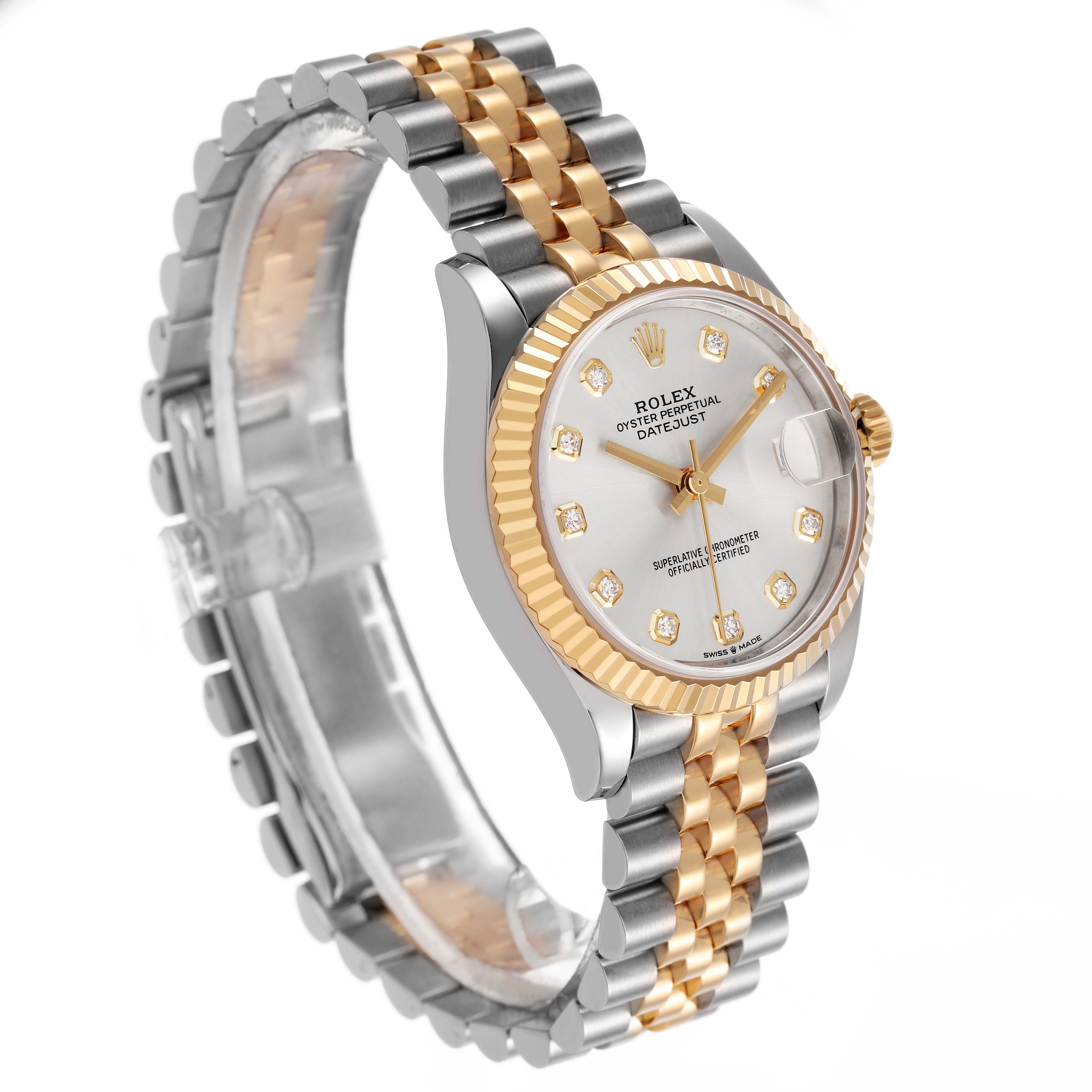The Rolex Mid-Size 278273 Women's Steel and Gold (two tone) Silver Dial watch is shown at a three-quarter angle, displaying the dial, bezel, and two-tone bracelet.