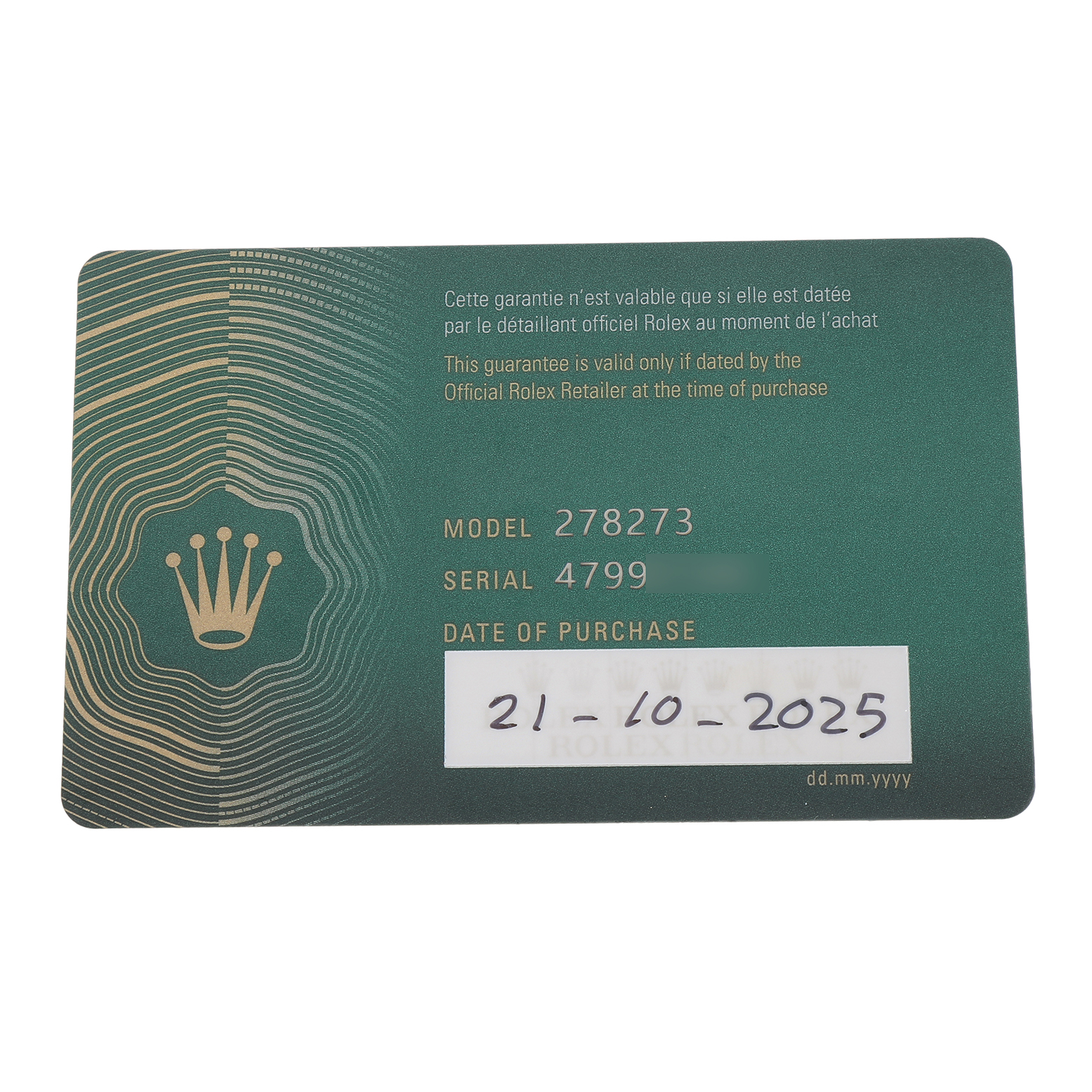 The image shows a guarantee card for a Rolex Mid-Size 278273 Women's Steel and Gold (two tone) Silver Dial model 278273, displaying the model, serial number, and purchase date.