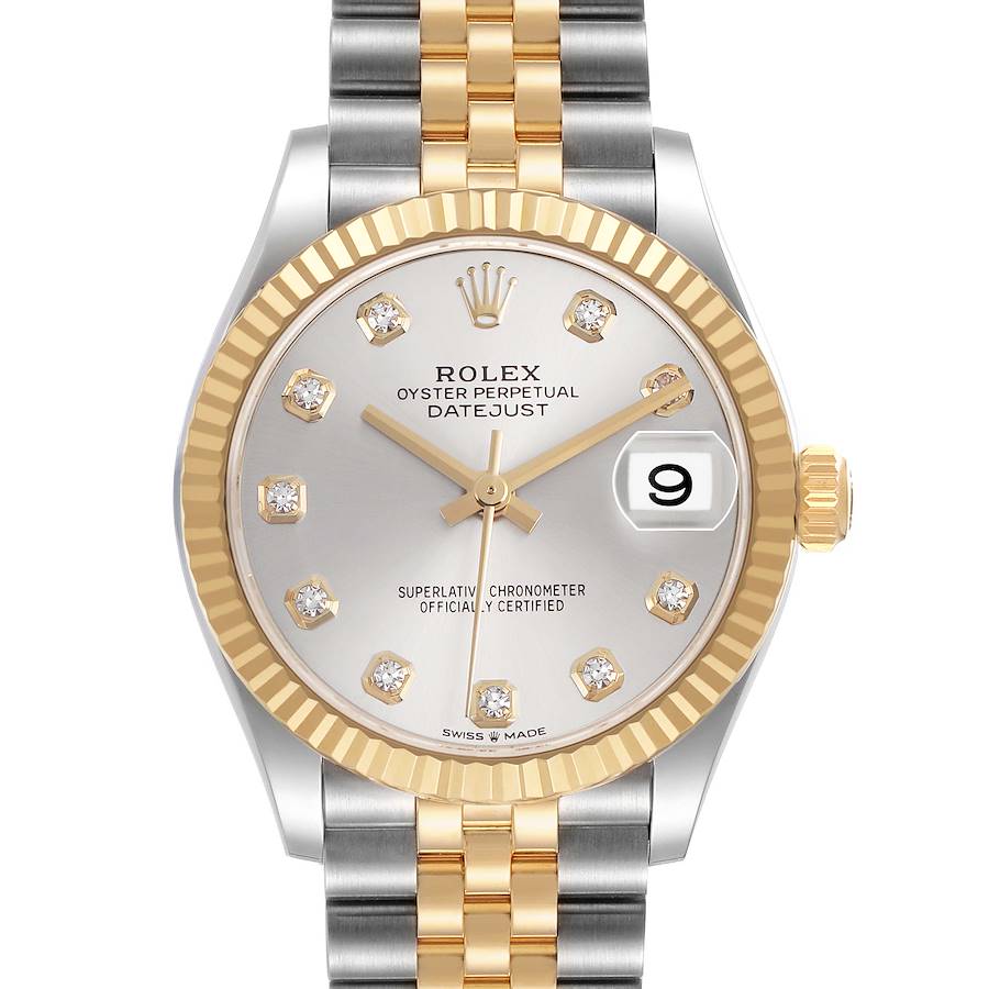 The Rolex Mid-Size 278273 Women's Steel and Gold (two tone) Silver Dial watch is shown from a front angle, highlighting its gold bezel, silver dial, and two-tone bracelet.