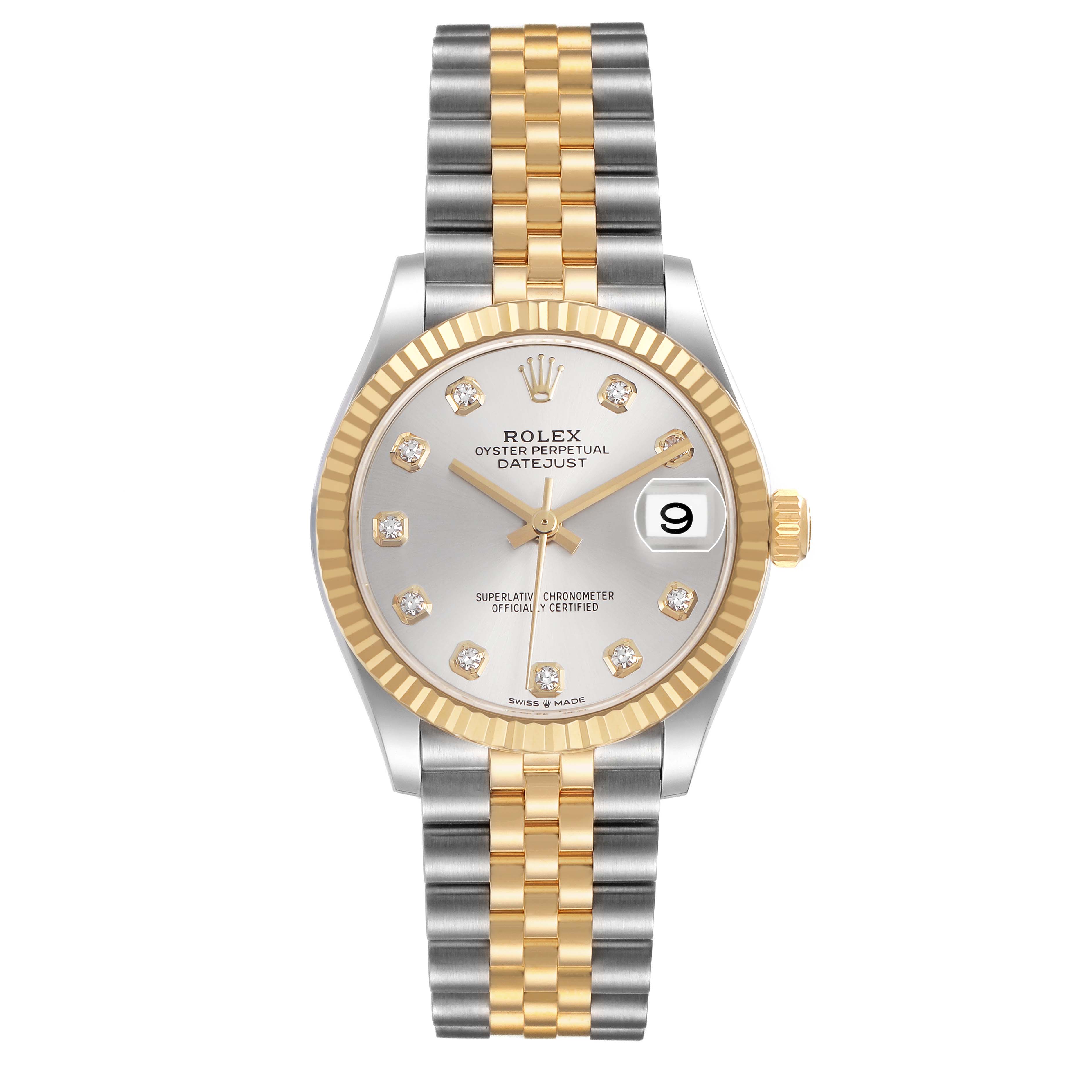 The Rolex Mid-Size 278273 Women's Steel and Gold (two tone) Silver Dial Datejust watch is shown head-on, featuring a two-tone bracelet, fluted bezel, and diamond hour markers.