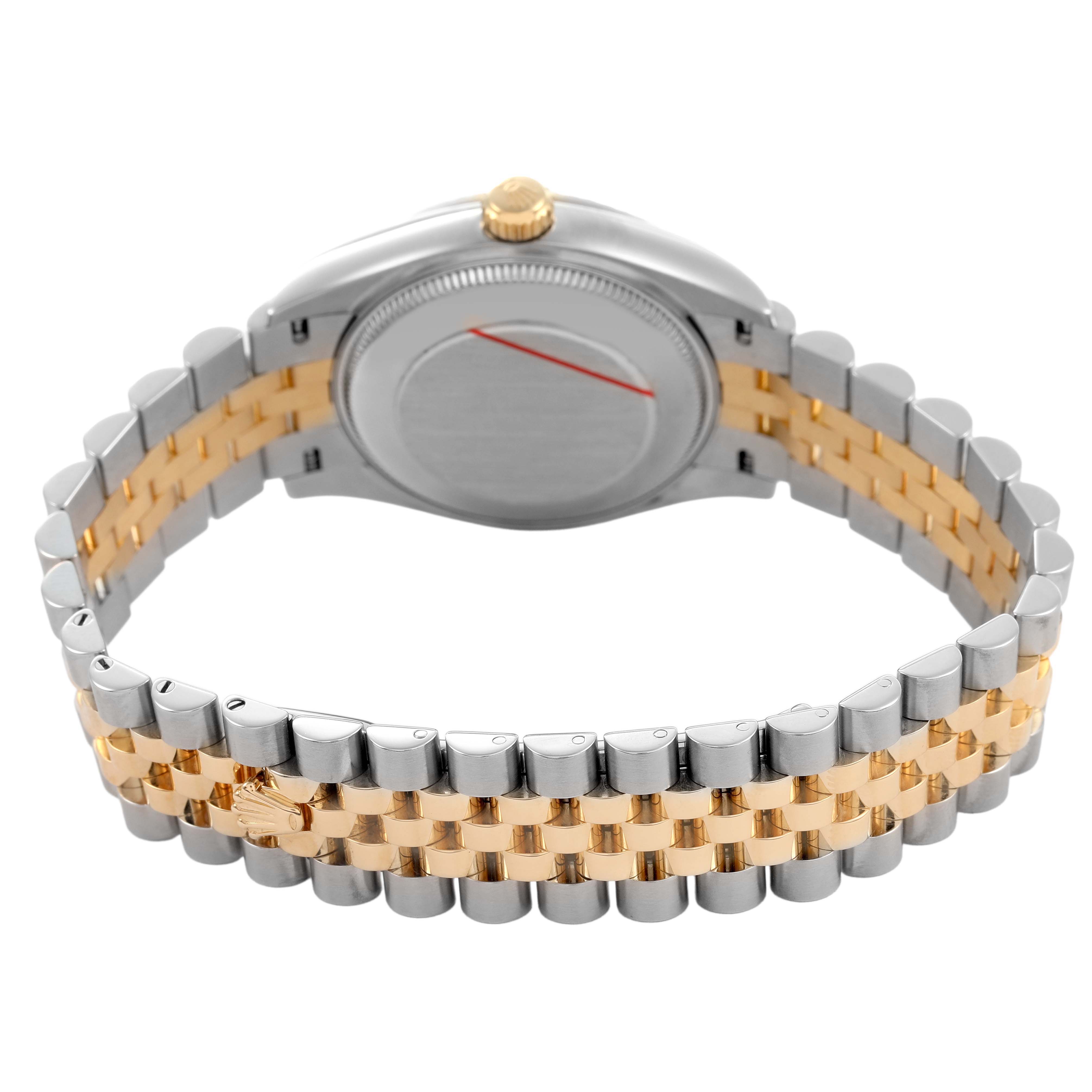 The Rolex Mid-Size 278273 Women's Steel and Gold (two tone) Silver Dial model is shown from the rear angle, highlighting its two-tone bracelet and case back.