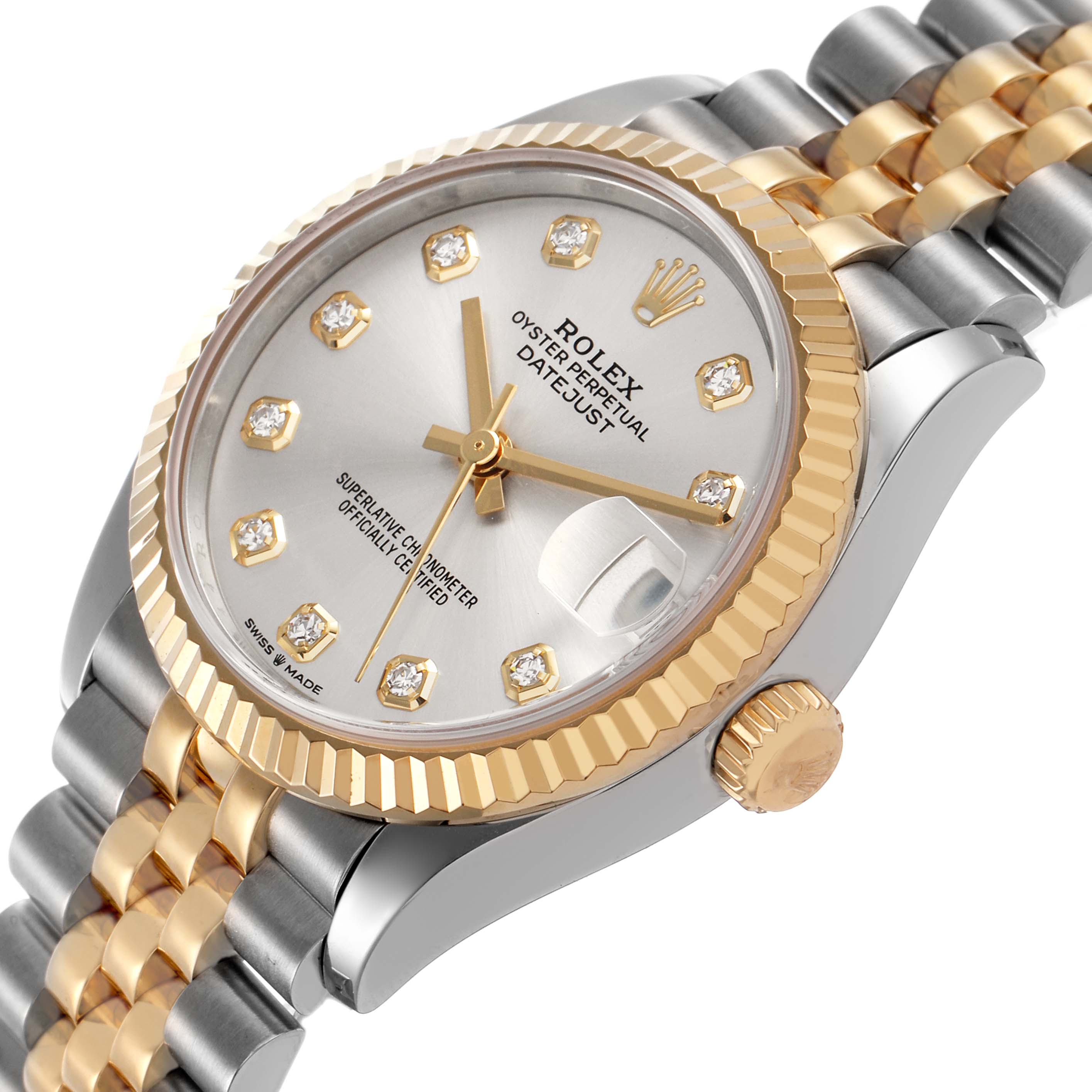 The Rolex watch is shown at an angled view, highlighting its face, fluted bezel, crown, and two-tone bracelet.