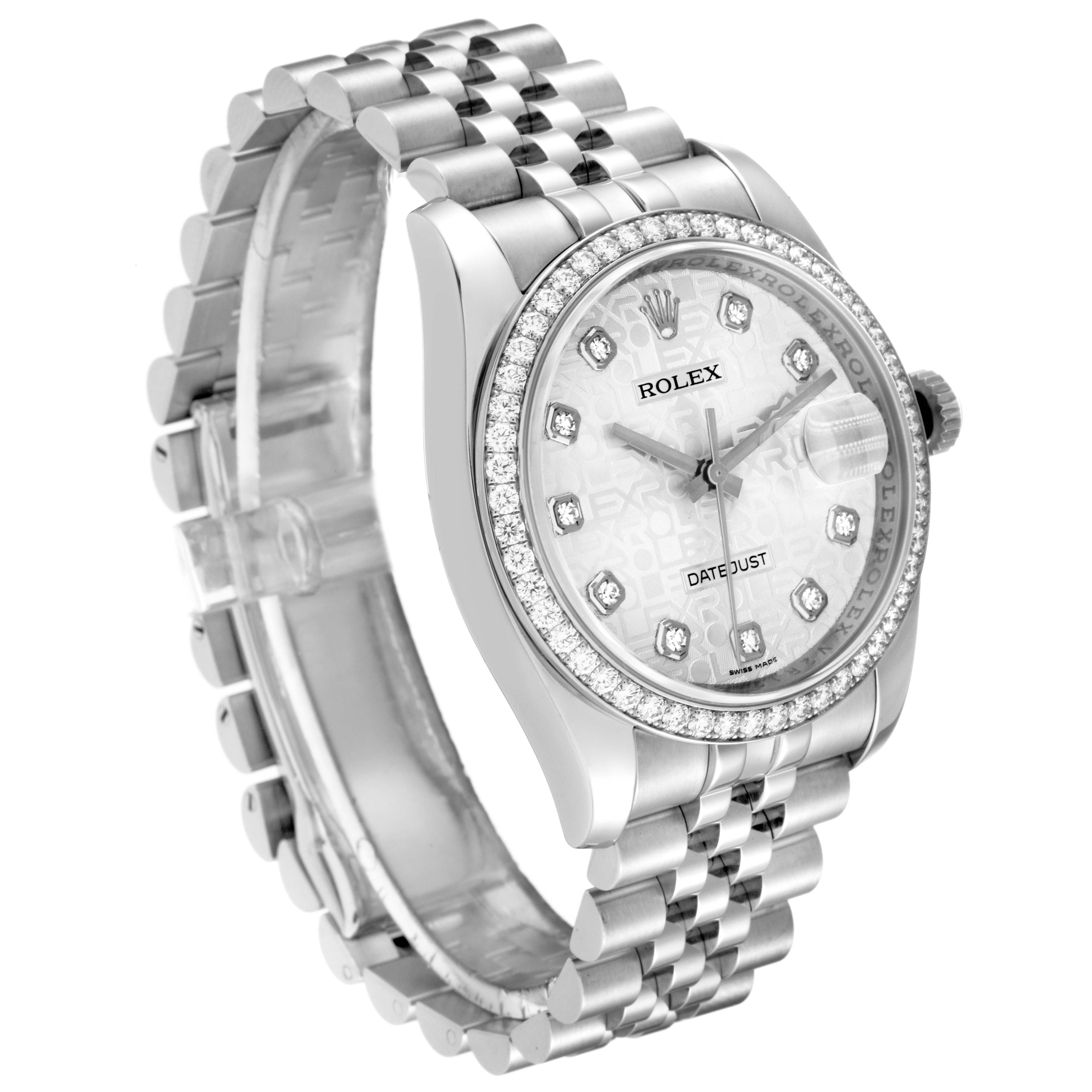 This image shows a side and partial frontal view of a Datejust model by Rolex, highlighting its bracelet and diamond bezel.