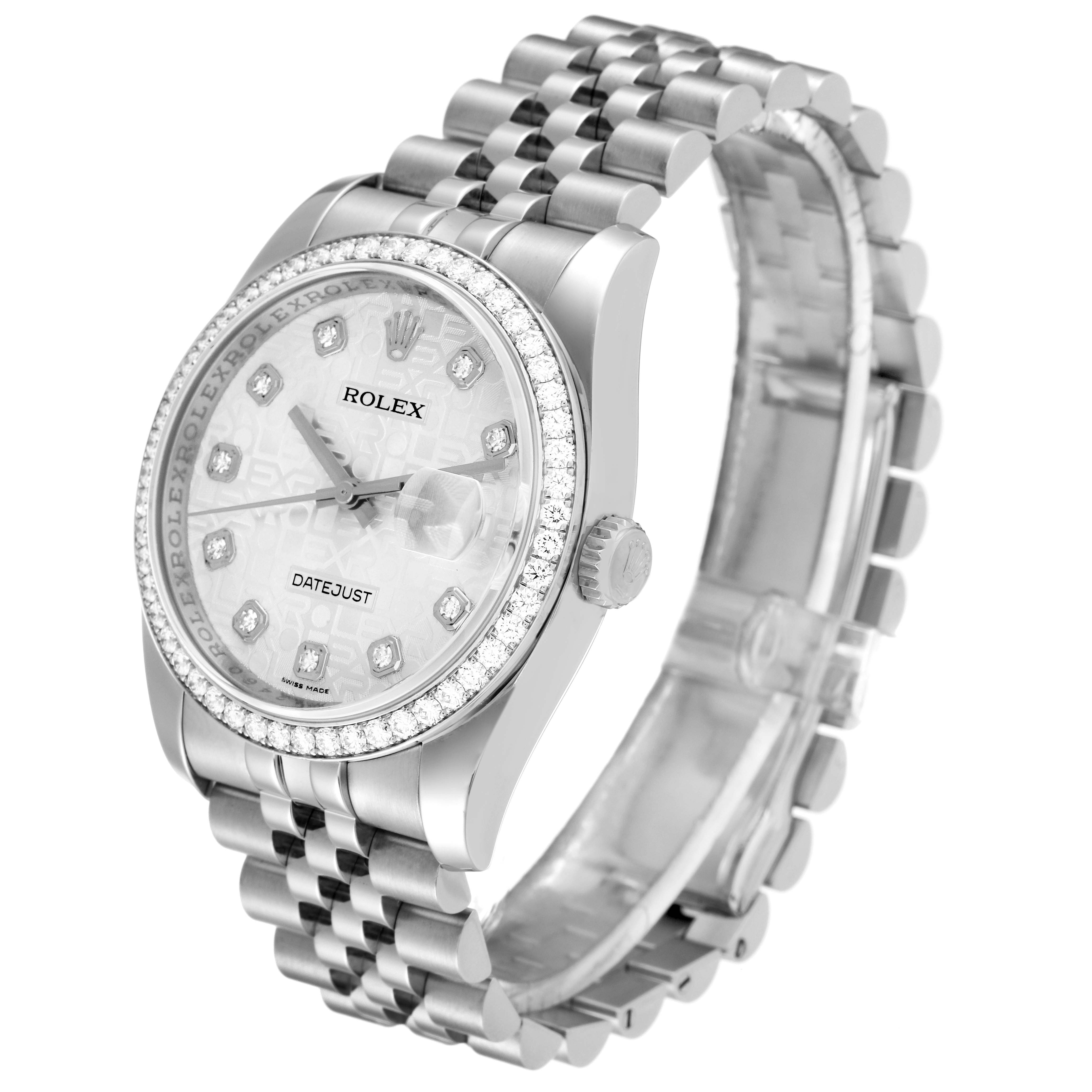 The image shows a Rolex Datejust 116244 Men's Stainless Steel Silver Dial 116244 Men's Stainless Steel Silver Dial watch at a three-quarter angle highlighting the face, bezel, and bracelet.