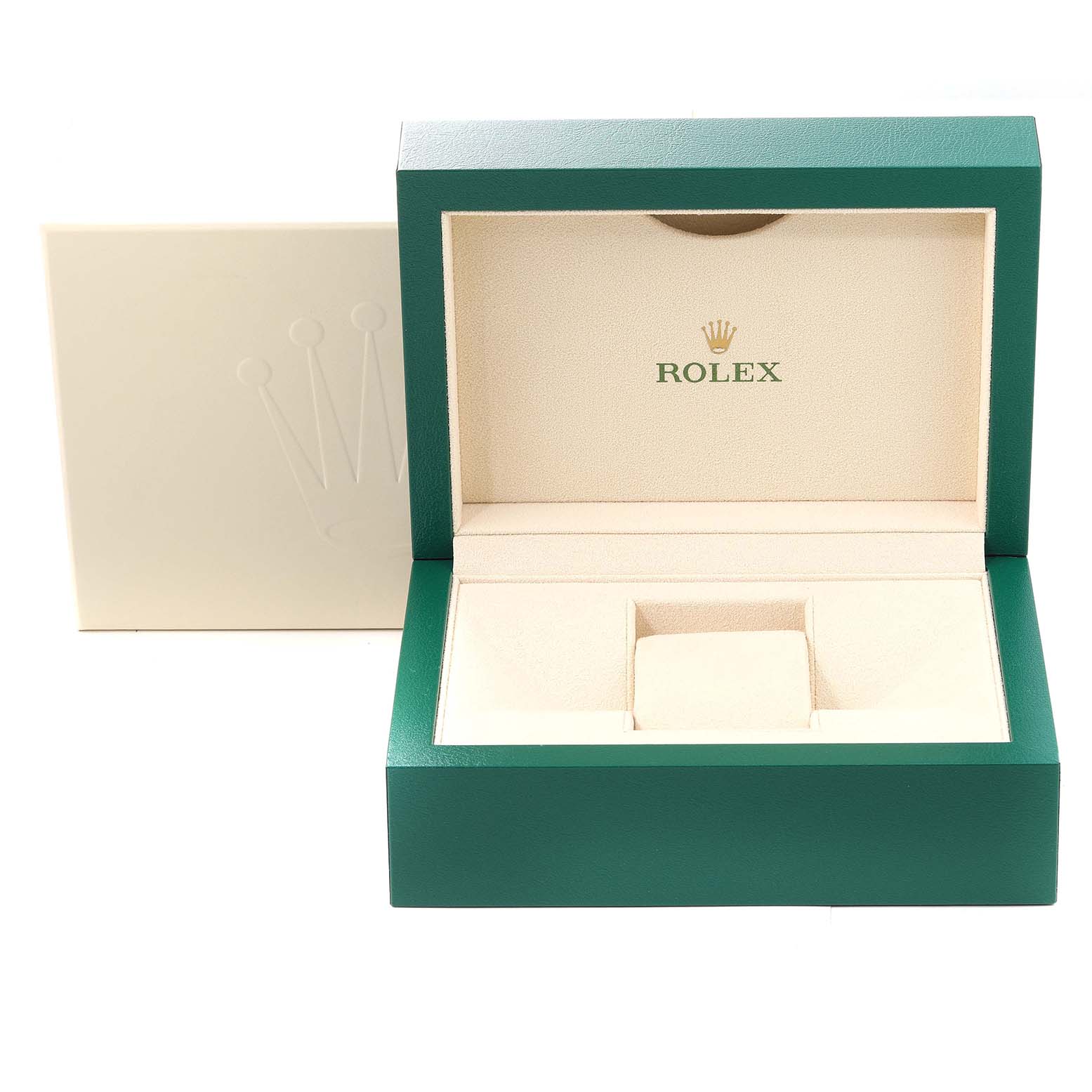 The image displays the open green box and cream interior with "Rolex" branding for the Rolex Datejust 116244 Men's Stainless Steel Silver Dial 116244 Men's Stainless Steel Silver Dial watch.