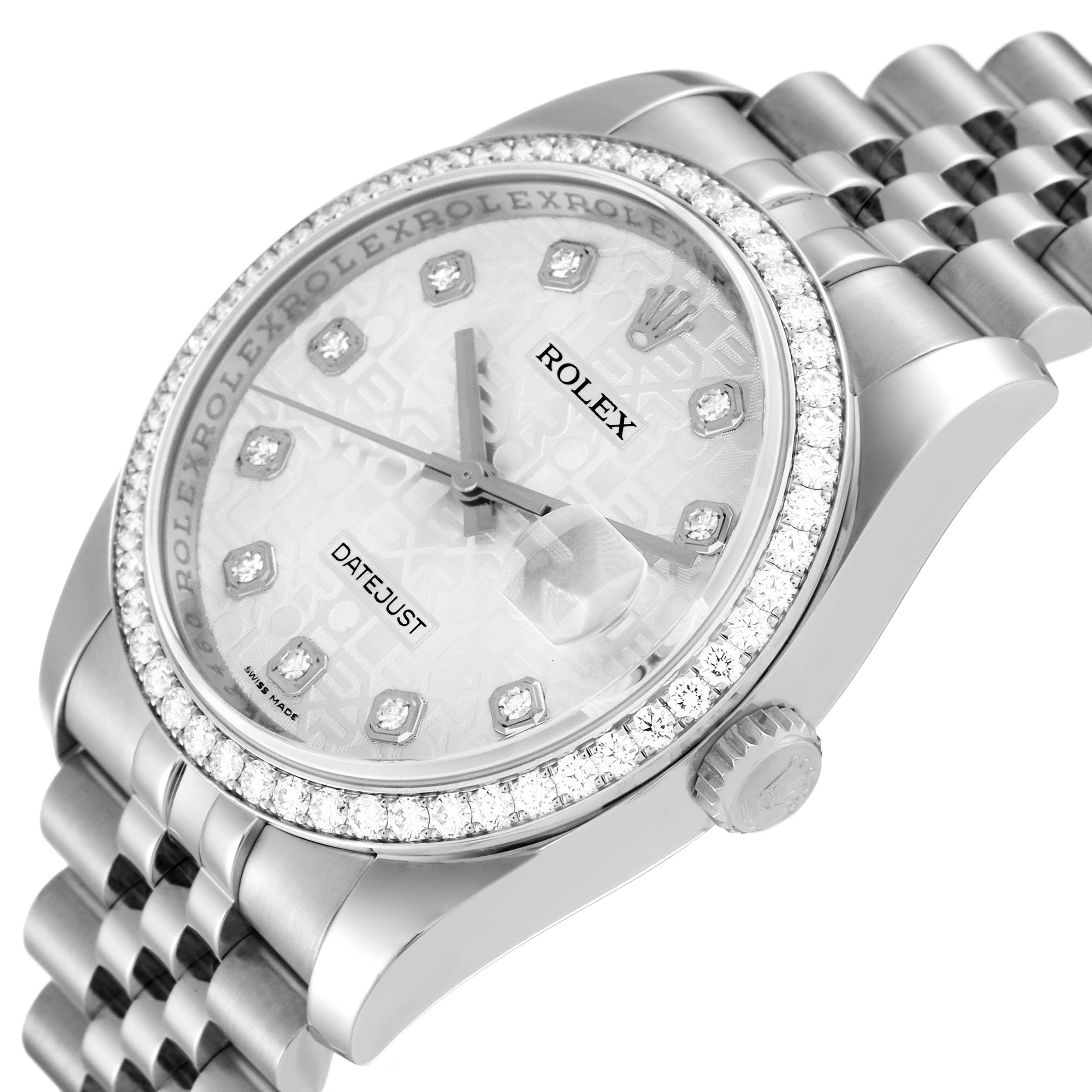 The Rolex Datejust 116244 Men's Stainless Steel Silver Dial 116244 Men's Stainless Steel Silver Dial watch is shown at an oblique angle, highlighting the dial, diamond bezel, and part of the bracelet.