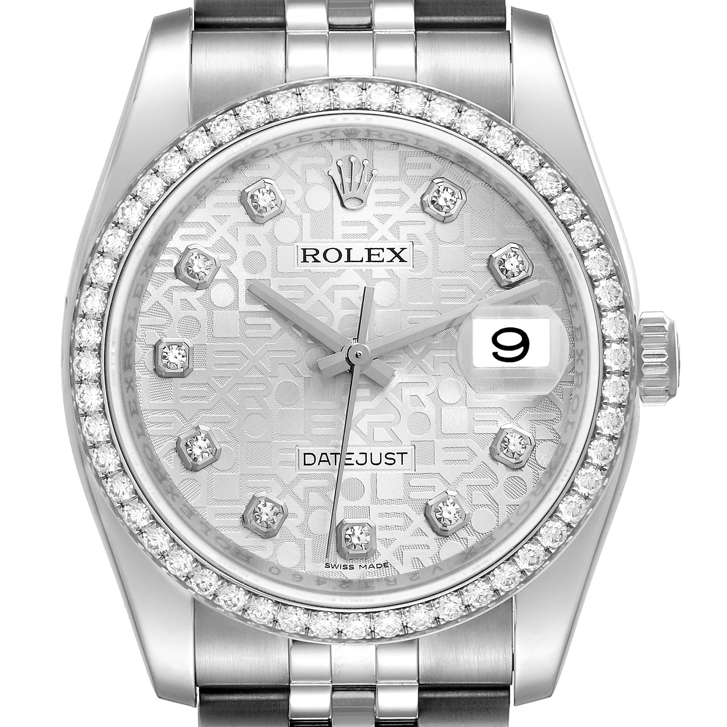 The image shows a front view of a Rolex Datejust 116244 Men's Stainless Steel Silver Dial 116244 Men's Stainless Steel Silver Dial watch, featuring a diamond bezel and indices, and a date display at 3 o'clock.