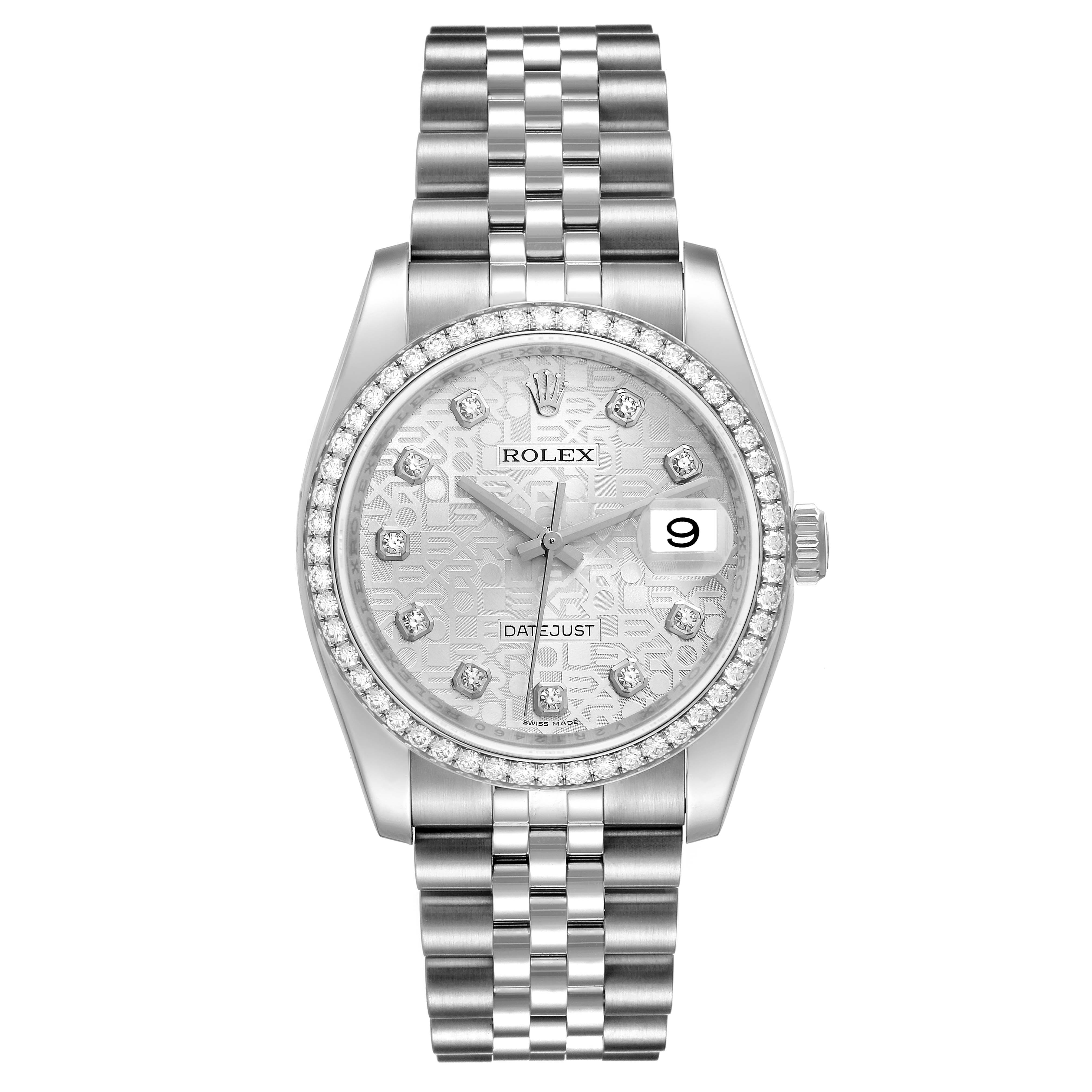 The image shows a front view of a Rolex Datejust 116244 Men's Stainless Steel Silver Dial 116244 Men's Stainless Steel Silver Dial watch, highlighting its dial, bezel, crown, and bracelet.