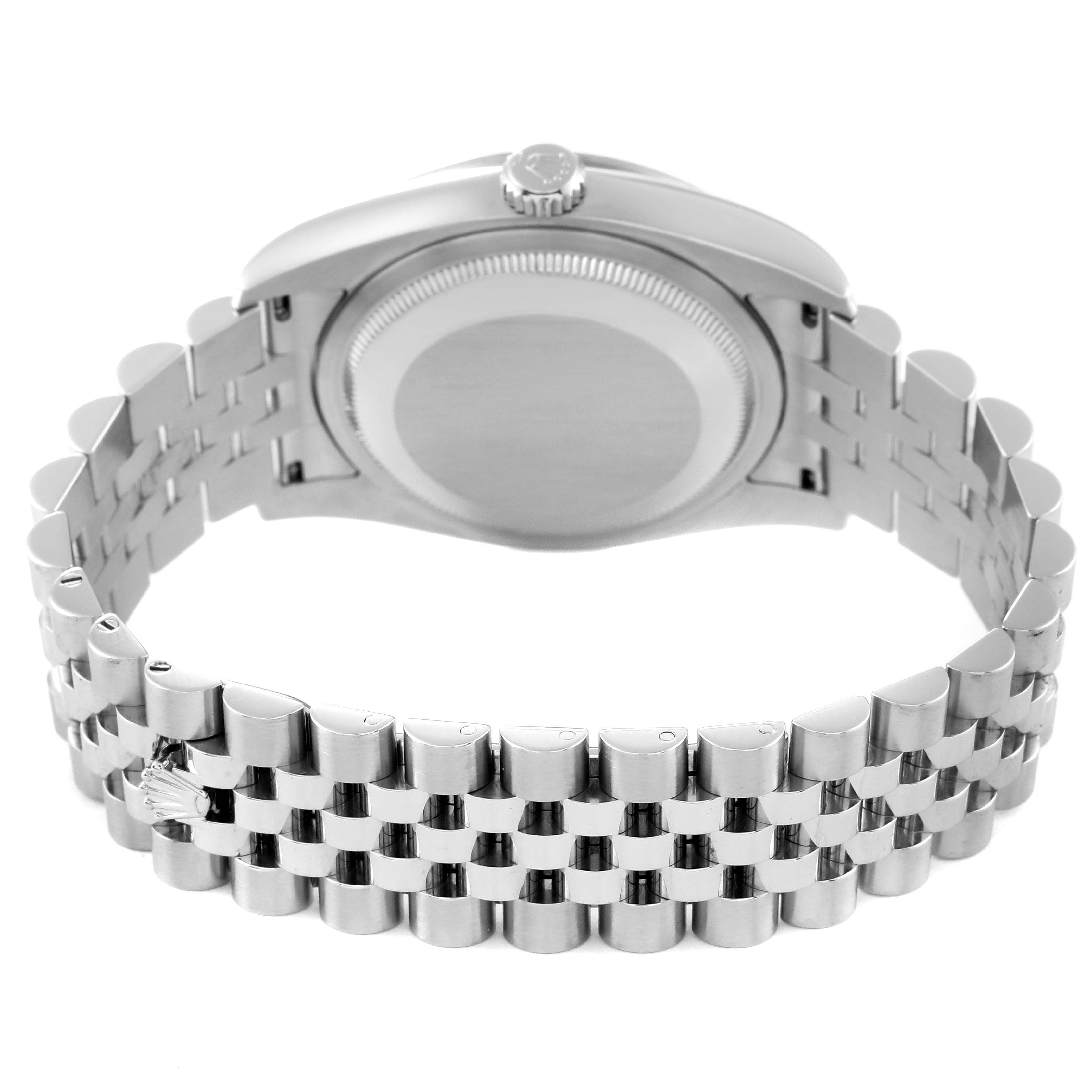 This is a rear view of the Rolex Datejust 116244 Men's Stainless Steel Silver Dial 116244 Men's Stainless Steel Silver Dial watch, showing the case back and Jubilee bracelet.