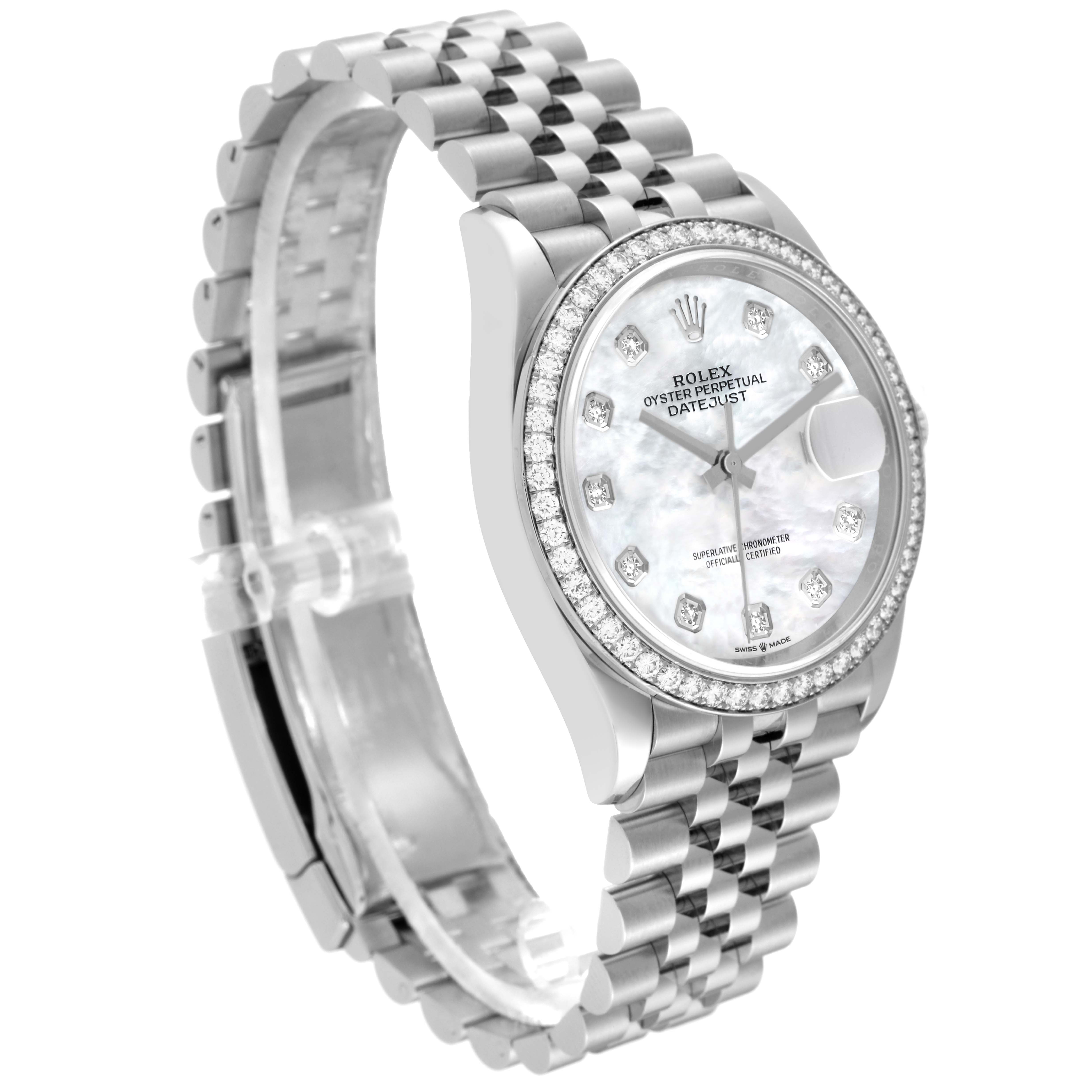 This image shows a Rolex Datejust 126284RBR Men's Stainless Steel Mother of Pearl Dial 126284RBR Men's Stainless Steel Mother of Pearl Dial watch from an angled side view, displaying the face, bezel, and bracelet.