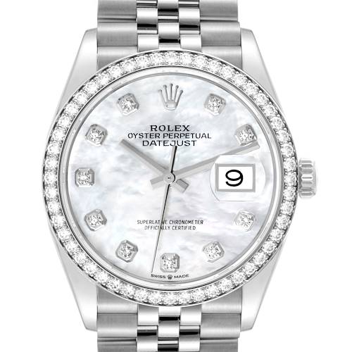 Photo of Rolex Datejust Steel Mother of Pearl Diamond Dial Bezel Watch 126284 Box Card