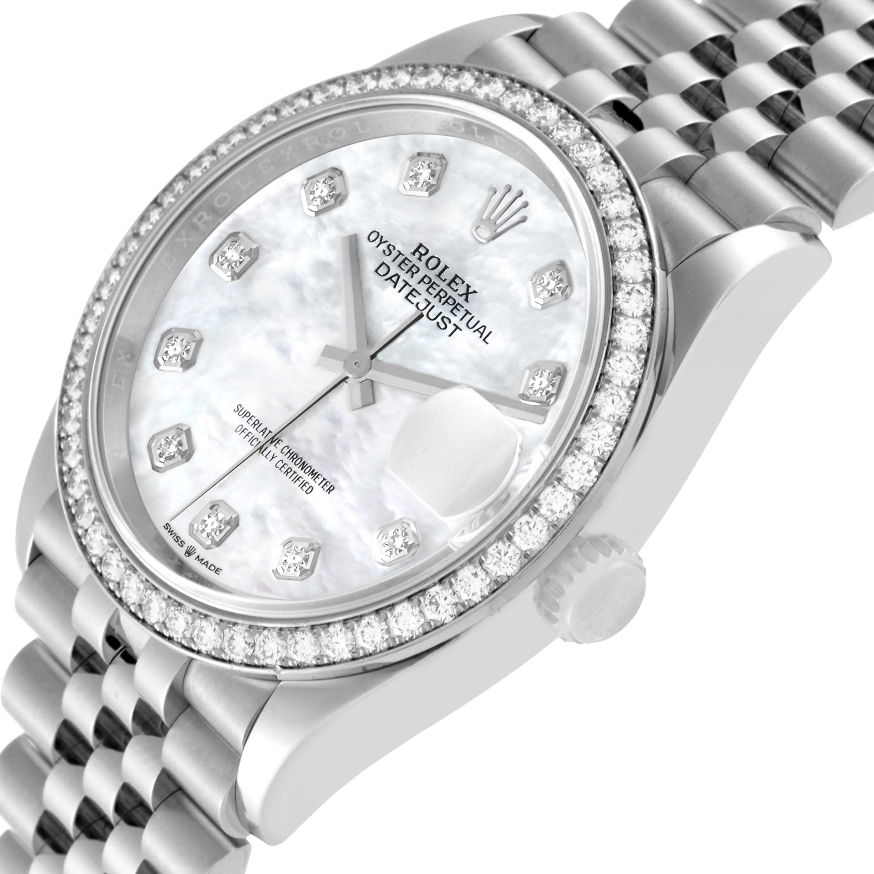 The image shows a Rolex Datejust 126284RBR Men's Stainless Steel Mother of Pearl Dial 126284RBR Men's Stainless Steel Mother of Pearl Dial watch at a slight angle, highlighting the dial, bezel, and part of the bracelet.