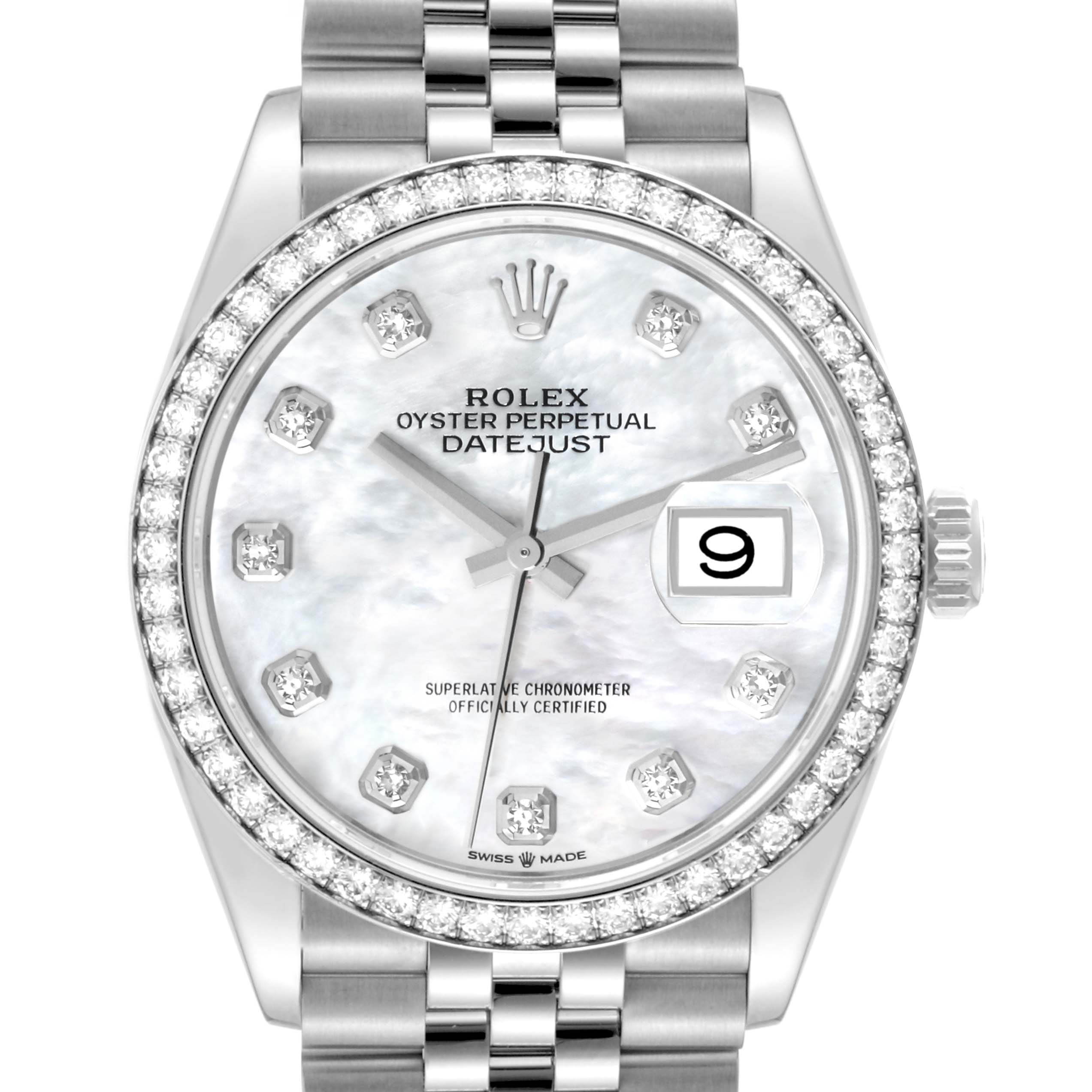 The image shows a front view of a Rolex Datejust 126284RBR Men's Stainless Steel Mother of Pearl Dial 126284RBR Men's Stainless Steel Mother of Pearl Dial watch, highlighting the dial, bezel, and part of the bracelet.
