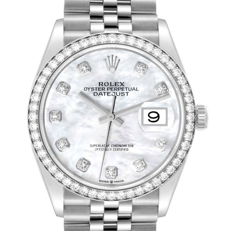 The image shows a front view of a Rolex Datejust watch, highlighting the dial, bezel, and part of the bracelet.