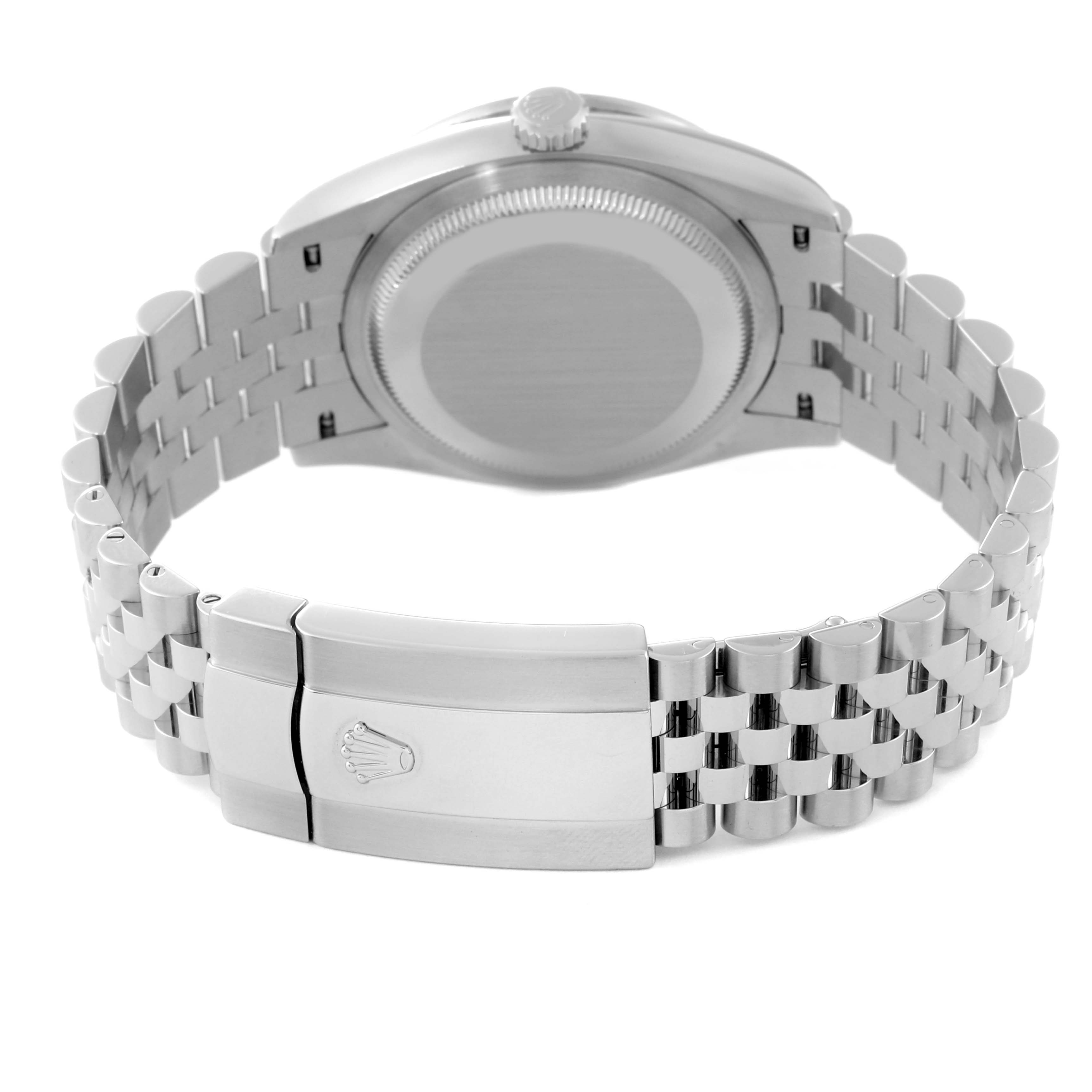 The image shows the back view of a Rolex Datejust 126284RBR Men's Stainless Steel Mother of Pearl Dial 126284RBR Men's Stainless Steel Mother of Pearl Dial watch, highlighting the case back and the clasp of the bracelet.