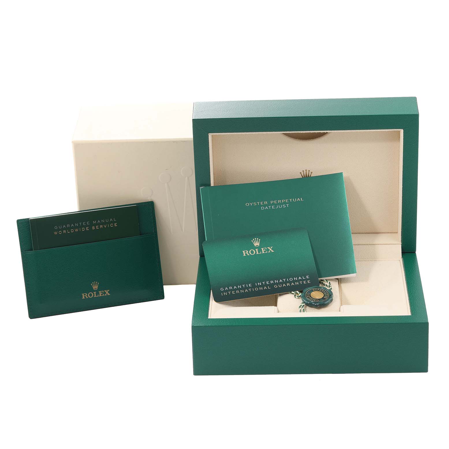 The image shows the packaging and documentation for a Rolex Datejust 126284RBR Men's Stainless Steel Mother of Pearl Dial 126284RBR Men's Stainless Steel Mother of Pearl Dial watch, including the box, guarantee manual, and warranty card.