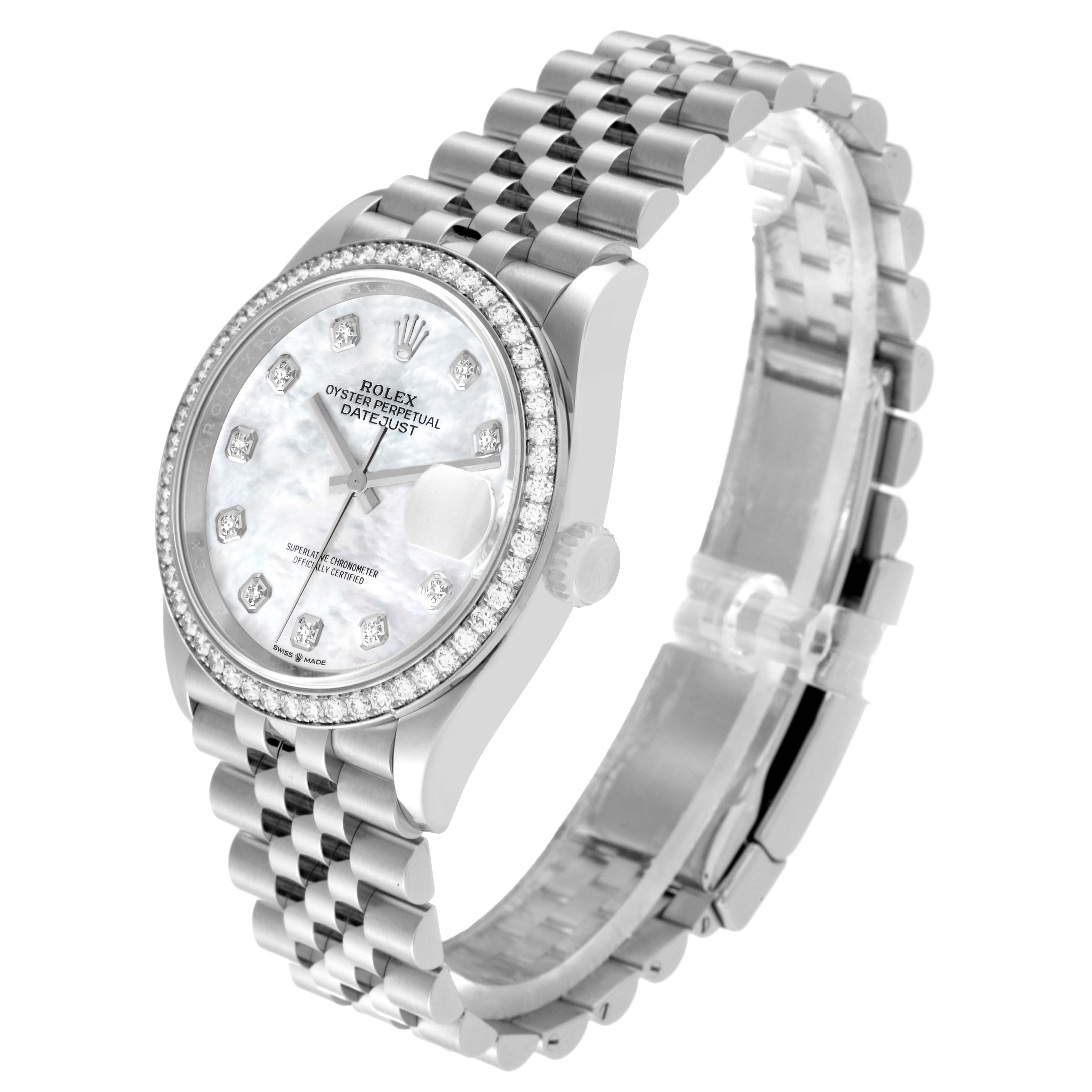 The image shows a side-angle view of a Rolex Datejust 126284RBR Men's Stainless Steel Mother of Pearl Dial 126284RBR Men's Stainless Steel Mother of Pearl Dial watch, displaying the watch face, bezel, and bracelet.