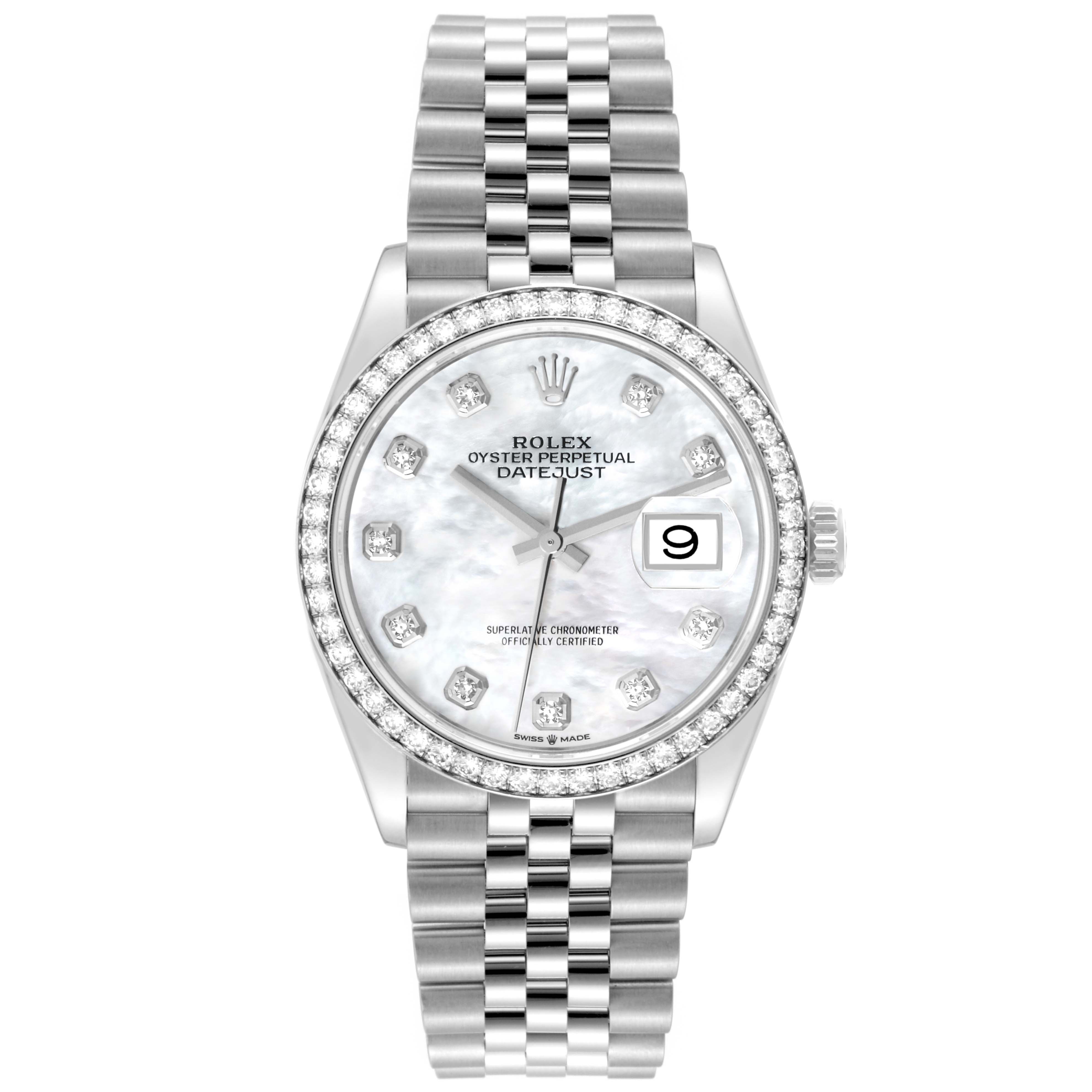 The Rolex Datejust 126284RBR Men's Stainless Steel Mother of Pearl Dial 126284RBR Men's Stainless Steel Mother of Pearl Dial watch is shown from a front view, displaying its face, bezel, and bracelet.