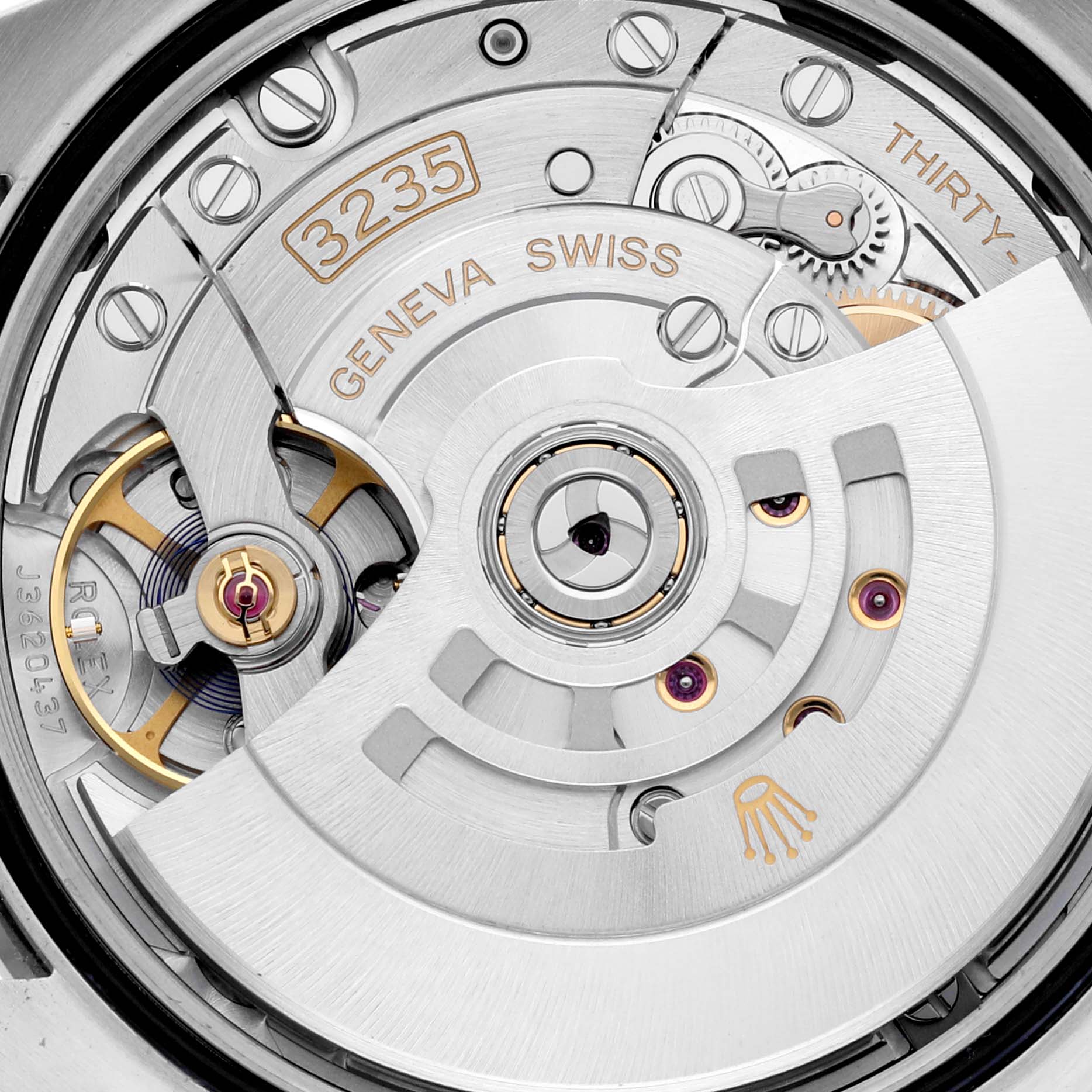 This image shows a close-up view of the movement inside a Rolex Datejust 126284RBR Men's Stainless Steel Mother of Pearl Dial 126284RBR Men's Stainless Steel Mother of Pearl Dial watch, highlighting its intricate mechanical parts.