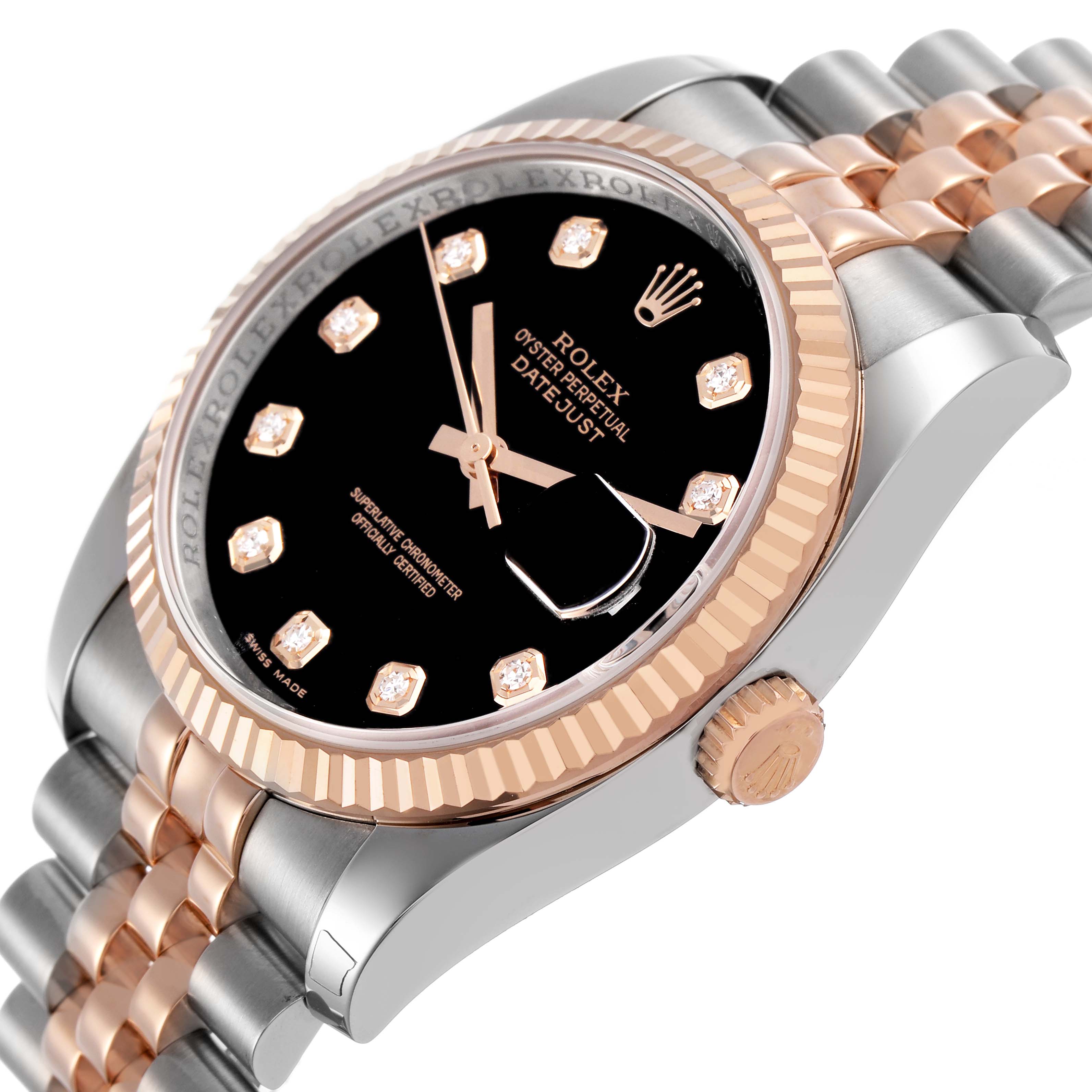 This Rolex Datejust 116231 Men's Steel and Gold (two tone) Black Dial watch is shown from a side angle, highlighting its two-tone jubilee bracelet, fluted bezel, and dial details.