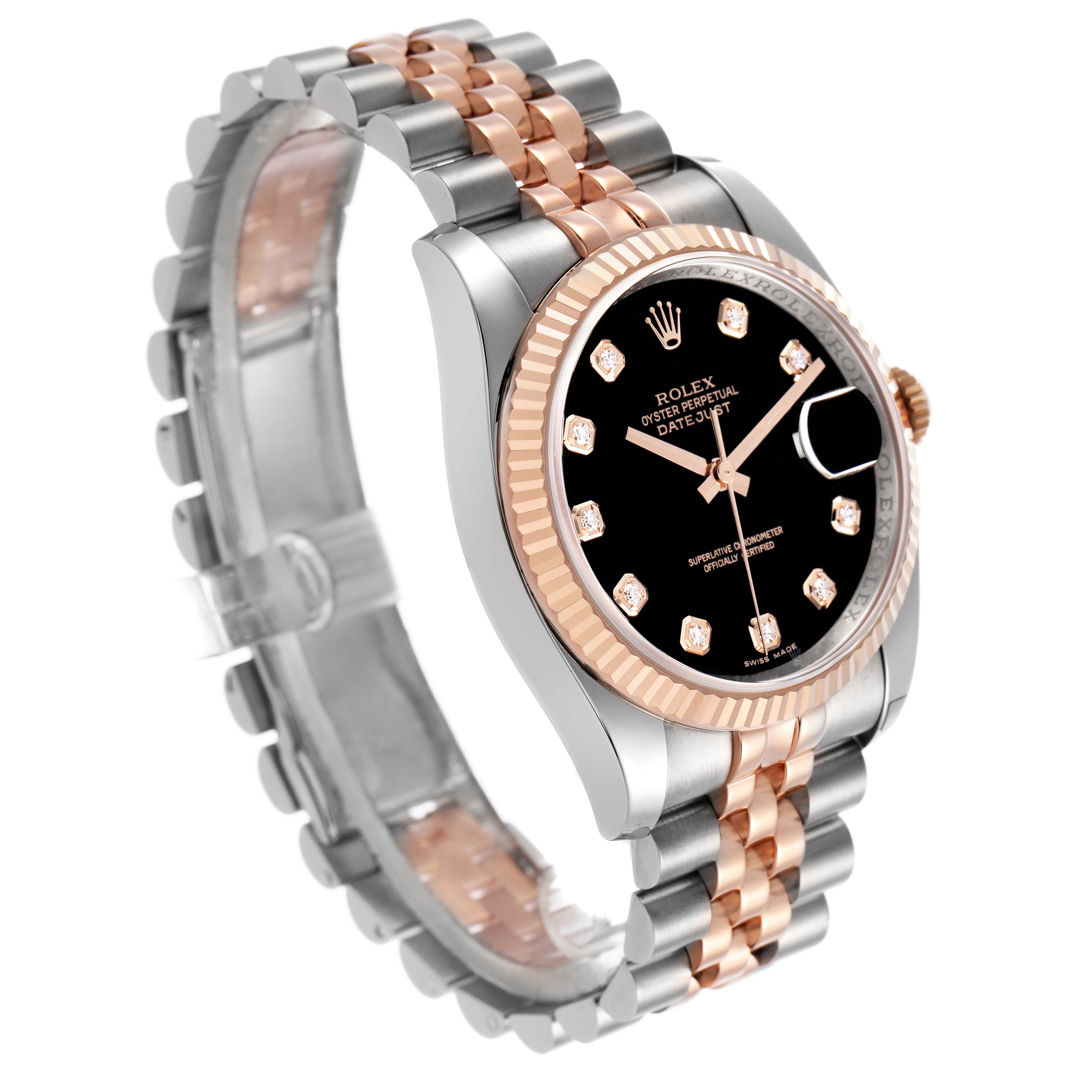The Rolex Datejust 116231 Men's Steel and Gold (two tone) Black Dial watch is shown at an angle highlighting the bracelet, bezel, and dial.