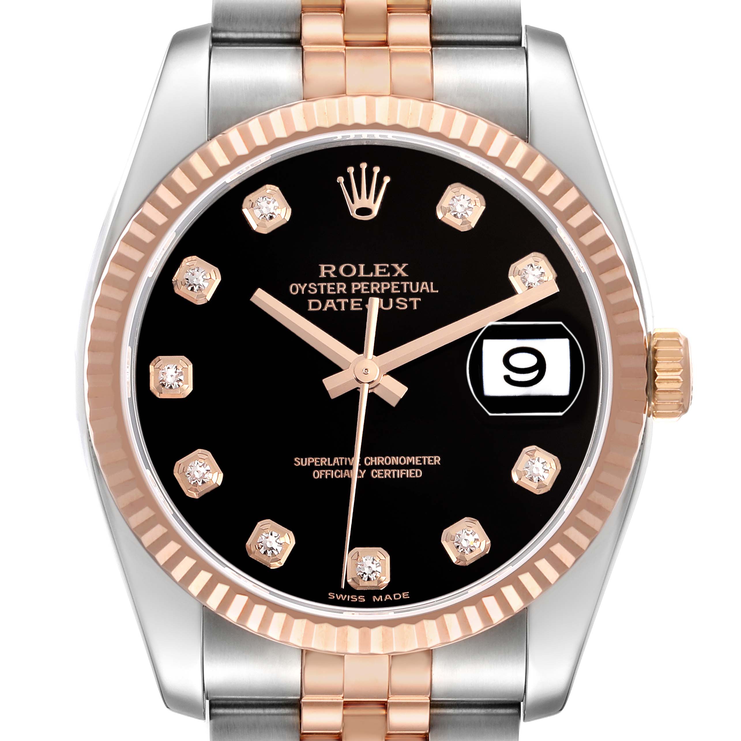 The Rolex Datejust 116231 Men's Steel and Gold (two tone) Black Dial watch is shown from the front, displaying its black dial, fluted bezel, and two-tone bracelet.