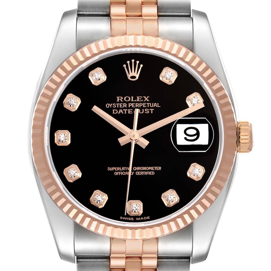 The Rolex Datejust 116231 Men's Steel and Gold (two tone) Black Dial watch is shown from the front, displaying its black dial, fluted bezel, and two-tone bracelet.