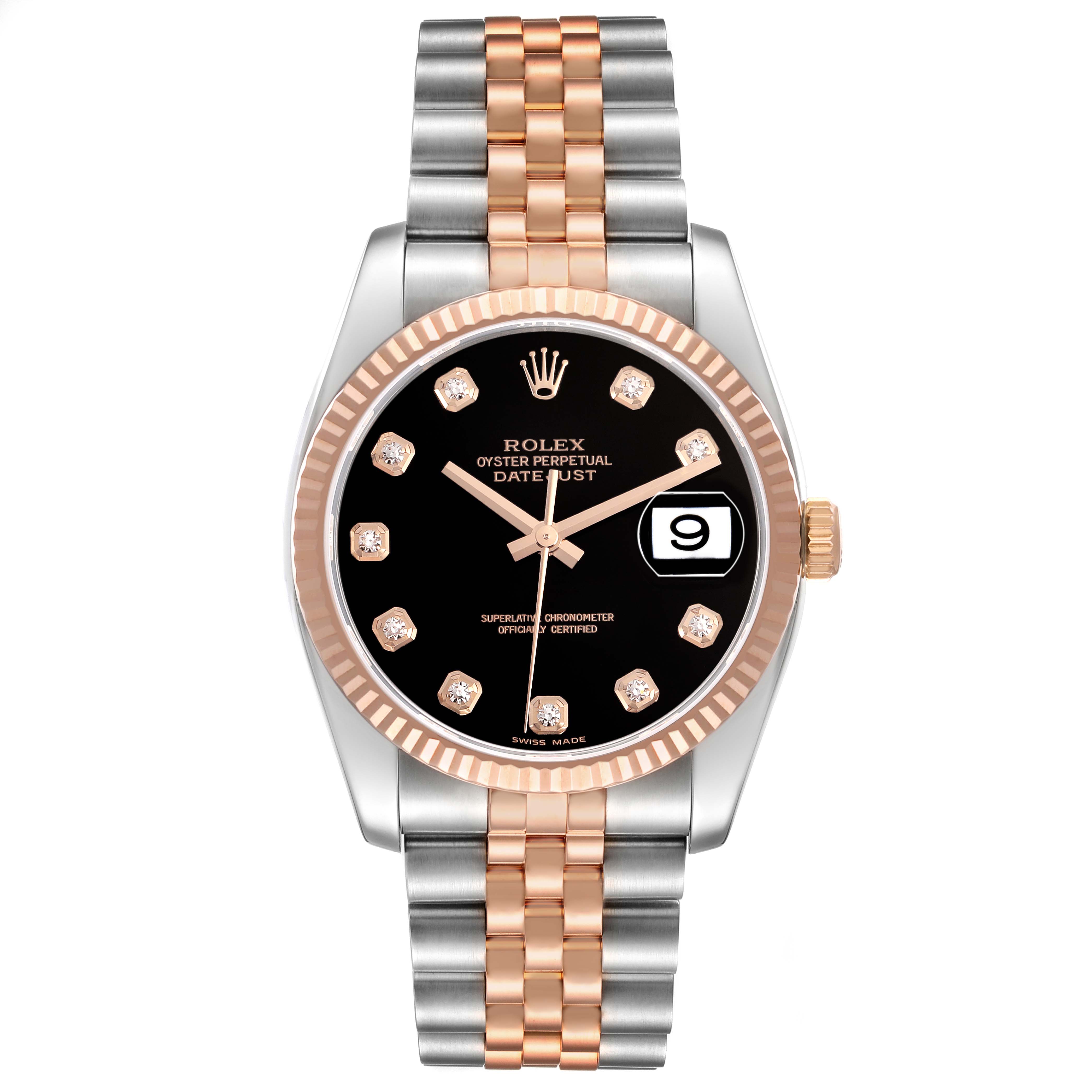 The Rolex Datejust 116231 Men's Steel and Gold (two tone) Black Dial watch is shown from a front angle, highlighting the face, bezel, and bracelet.