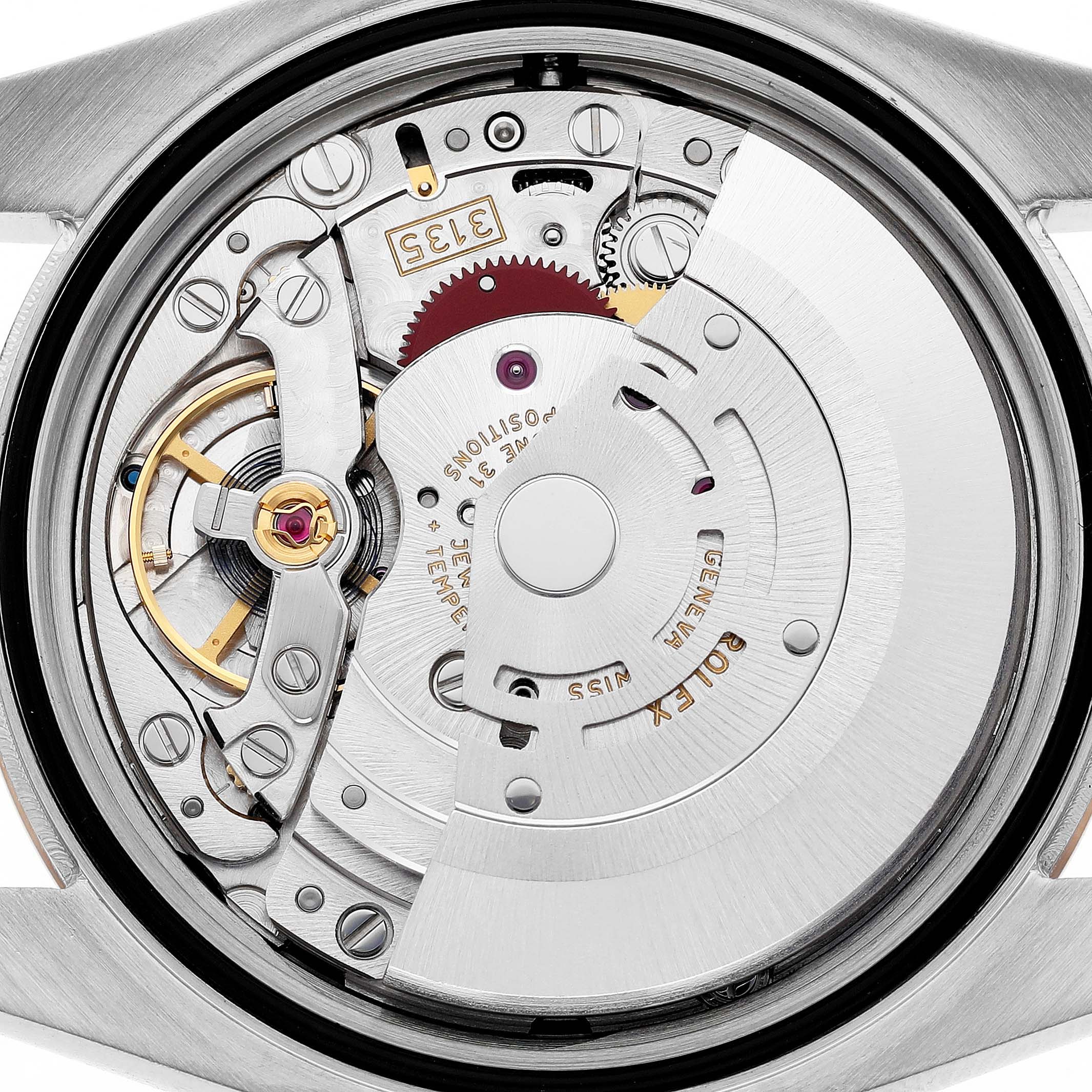 The image shows the movement of the Rolex Datejust 116231 Men's Steel and Gold (two tone) Black Dial watch from a back angle, highlighting its intricate mechanical components.