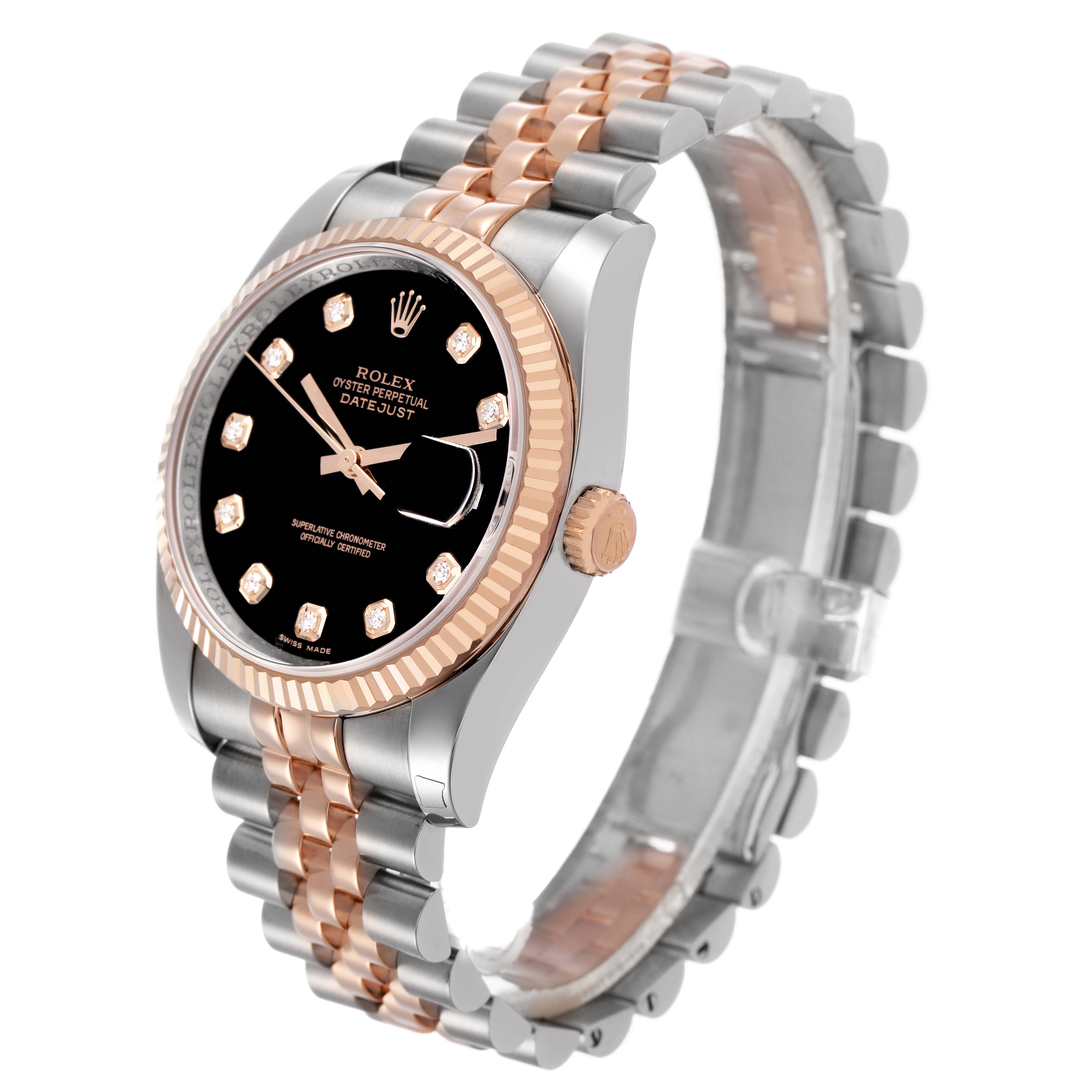 The Rolex Datejust 116231 Men's Steel and Gold (two tone) Black Dial watch is shown at a three-quarter angle featuring its bezel, dial, crown, and jubilee bracelet.