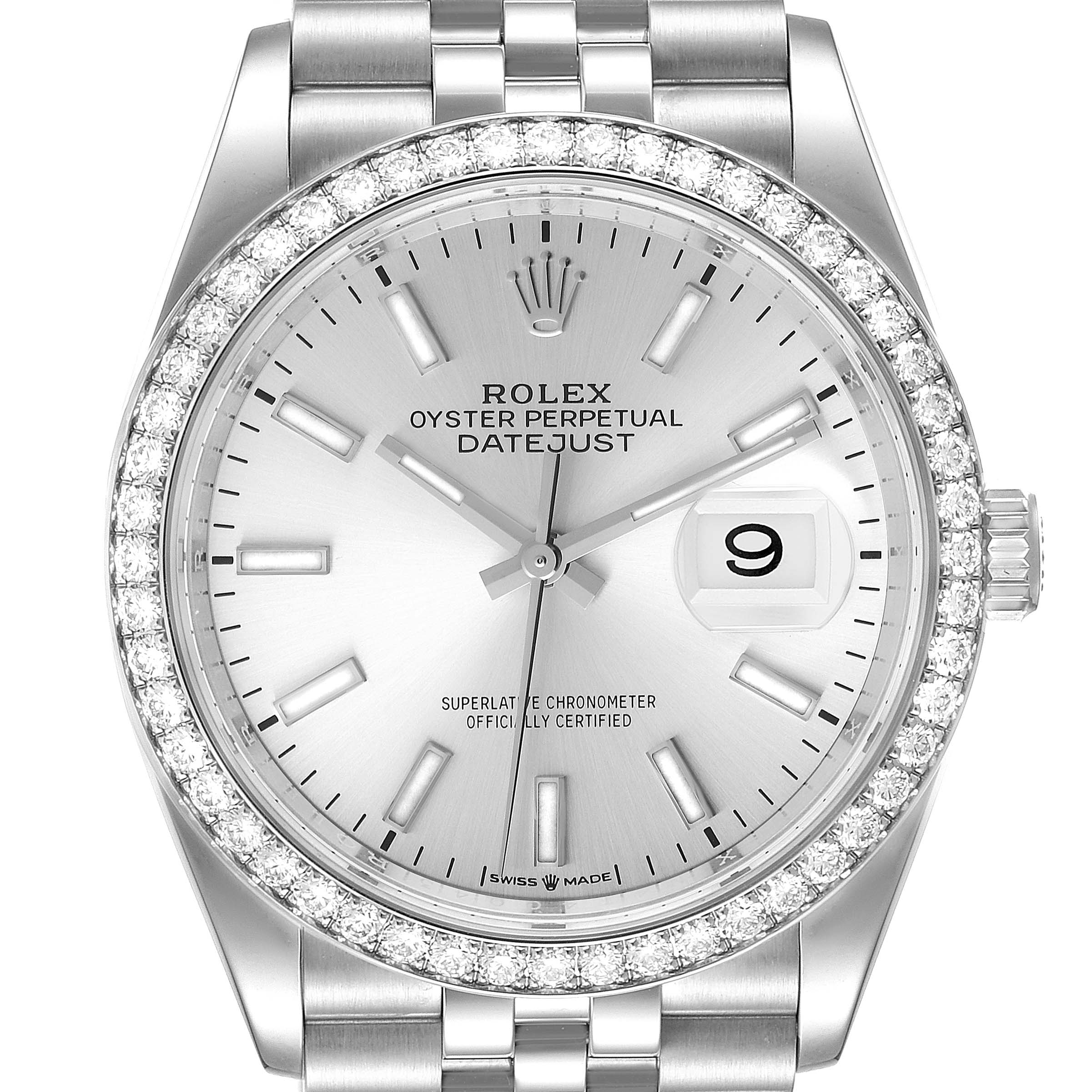 The image shows a Rolex Datejust 126284 Men's Stainless Steel Silver Dial 126284 Men's Stainless Steel Silver Dial watch from a front angle highlighting its dial, bezel, and bracelet.