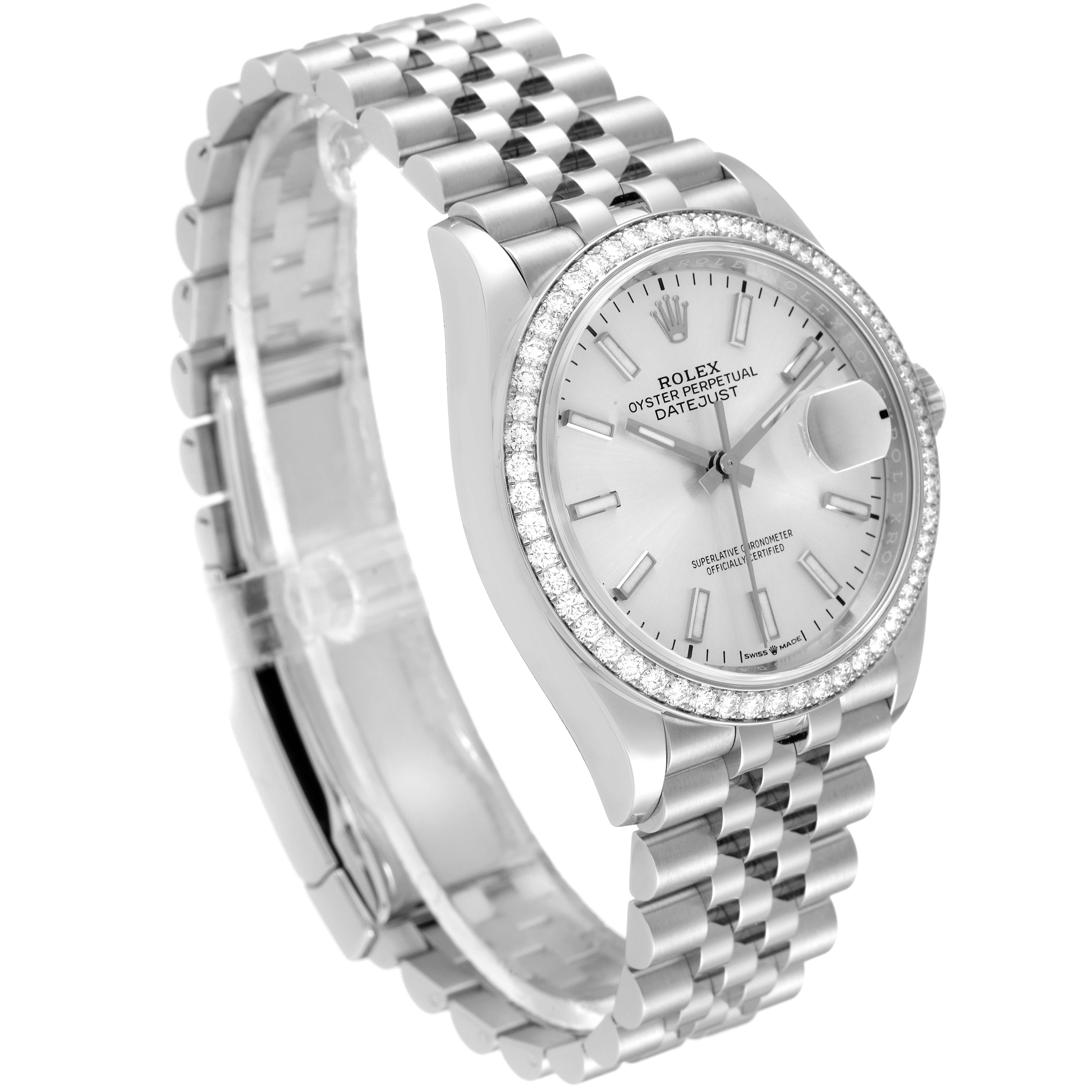 This image shows a Rolex Datejust 126284 Men's Stainless Steel Silver Dial 126284 Men's Stainless Steel Silver Dial watch at a three-quarter angle, highlighting the face, bezel, and Jubilee bracelet.