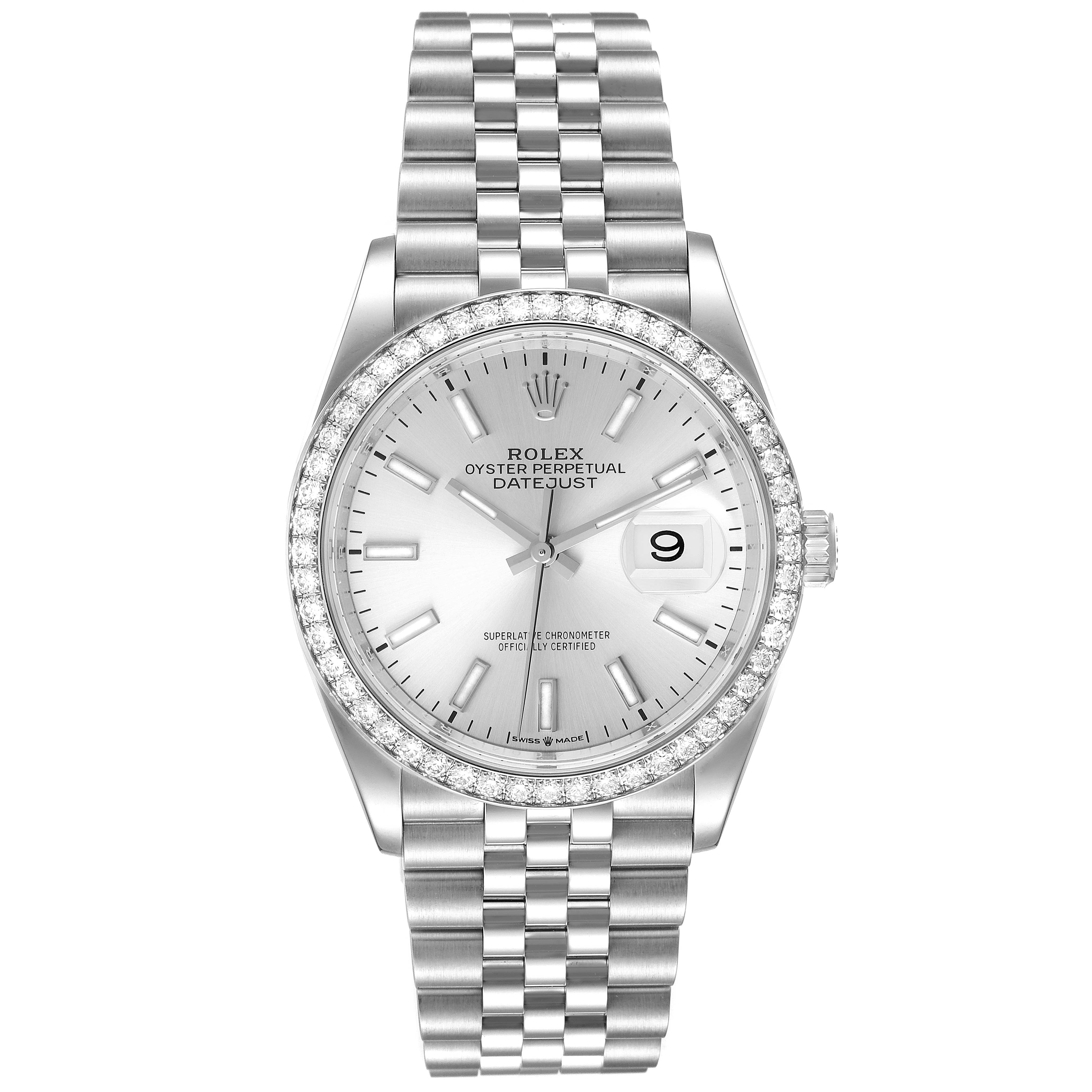 The image shows a front view of the Rolex Datejust 126284 Men's Stainless Steel Silver Dial 126284 Men's Stainless Steel Silver Dial watch, showcasing its dial, bezel, and bracelet.
