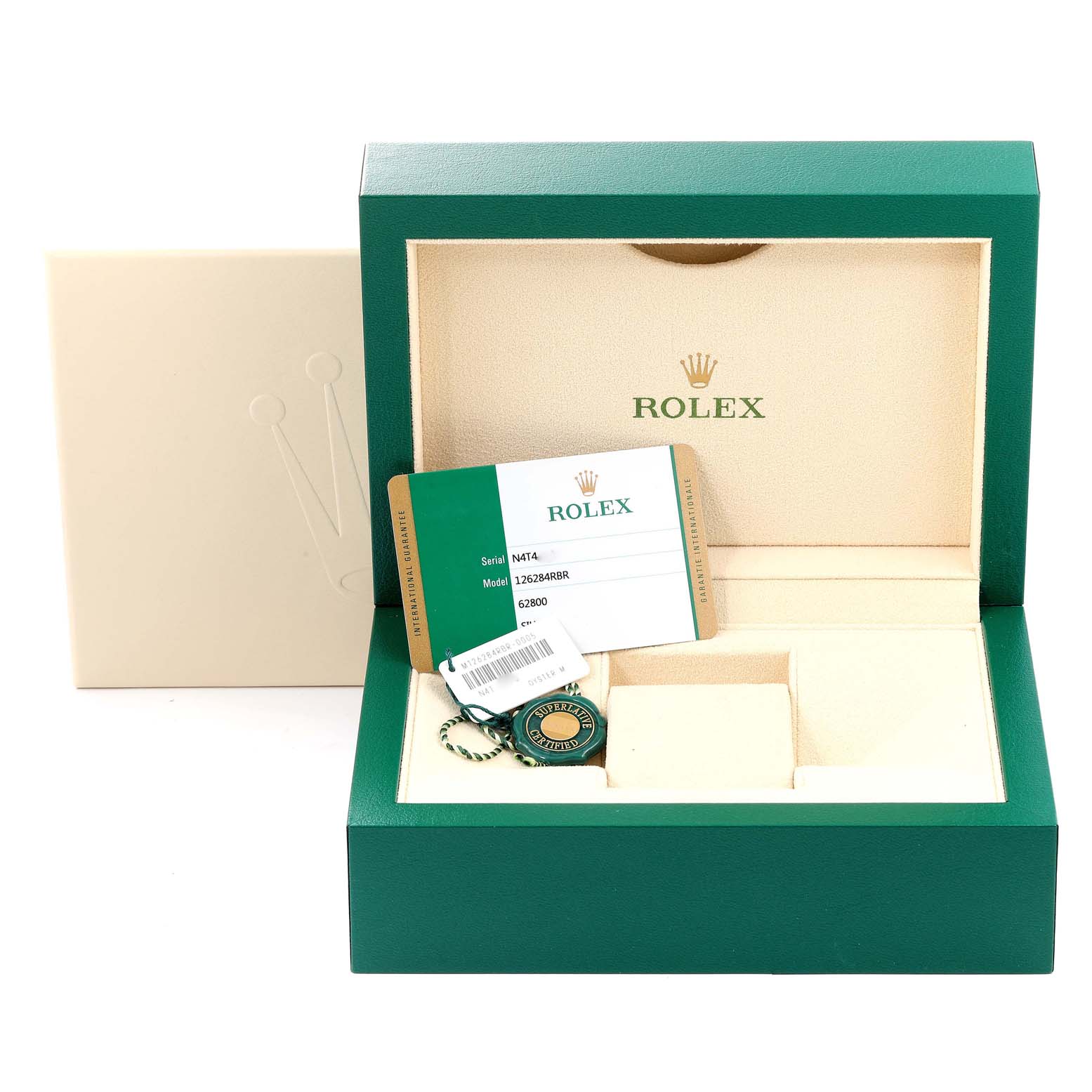 The image shows a Rolex Datejust 126284 Men's Stainless Steel Silver Dial 126284 Men's Stainless Steel Silver Dial watch box, with accessories including a tag and authenticity card.